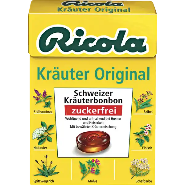 Ricola Schweizer Kruterbonbons quotKruter Originalquot zuckerfrei: Цвет: Produktbeschreibung und details Ricola Schweizer Kruterbonbons quotKruter Originalquot zuckerfrei mit Sungsmitteln wohltuend ampamp erfrischend bei Husten und Heiserkeit gluten ampamp laktosefrei Lebensmittelunternehmer Name Vertrieb fr Deutschland Klosterfrau Adresse  Kln UrsprungslandHerkunftsort Schweiz Rechtlich vorgeschriebene Produktbezeichnung Schweizer Kruterbonbon mit Sungsmitteln Zutaten Isomalt Kruterauszug  aus Spitzwegerich Eibisch Pfefferminze Thymian Salbei Frauenmantel Holunderblten Schlsselblume Schafgarbe Bibernelle Ehrenpreis Malve und Andorn Farbstoff Zuckerkulr Sorbit Sungsmittel Aspartam AcesulfamK natrliches Minzenaroma Menthol Nhrwerte Durchschnittliche Nhrwertangaben pro  g Energie  kj   kcal Fett  g davon  gesttigte Fettsuren  g Kohlenhydrate  g davon  Zucker  g  mehrwertige Alkohole  g  Strke  g Ballaststoffe  g Eiwei  g Salz  g Anwendung und Gebrauch Verzehrsempfehlung Mindestens  Bonbon pro Tag Gebrauch Aufbewahrung und Verwendung Aufbewahrungs und Verwendungsbedingungen Vor Wrme und Feuchtigkeit geschtzt aufbewahren Warnhinweise und wichtige Hinweise Warnhinweise Kann bei bermigem Verzehr abfhrend wirken Enthlt eine Phenylalaninquelle Mit Sungsmitteln Eine abwechslungsreichen und ausgewogenen Ernhrung sowie eine gesunde Lebensweise sind bedeutsam
https://www.rossmann.de/de/gesundheit-ricola-schweizer-kraeuterbonbons-kraeuter-original-zuckerfrei/p/7610700946008