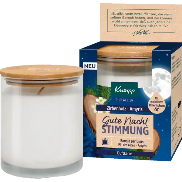 Kneipp Duftkerze Gute Nacht Stimmung: Цвет: Produktbeschreibung und details Du brauchst Ruhe und Entspannung am Abend fr eine erholsame Nacht Der beruhigende warmholzige Duft der Kneipp Duftwelten Duftkerze Gute Nacht Stimmung Zirbenholz Amyris sorgt fr eine entspannende Atmosphre fr Dein Abendritual Gute Nacht  besserer Morgen Kneipp Duftwelten  von der Natur inspiriert Die Dfte mit natrlichen therischen len sind nicht nur angenehm fr die Nase sondern beeinflussen auch aktiv Dein Wohlbefinden Kneipp Duftwelten sorgen fr Stimmung in Deinem Zuhause und schaffen eine wohltuende Atmosphre Die Duftkerzen knnen ganz nach Lust und Laune angezndet werden um den gewnschten Duft in Deinen Rumen zu verstrmen Nach Gebrauch kann die Kerze dank ihres praktischen Deckels wieder aromadicht verschlossen werden Unsere Kerzenglser knnen dank ihres praktischen Holzdeckels vielseitig als Aufbewahrungsbehlter wiederverwendet werden Duftprofil beruhigend warmholzig mit natrlichem therischem l aromakologische Kompetenz von der Natur inspiriert made in Germany Nicht fr die Lagerung von Lebensmitteln geeignet Kontaktdaten Kneipp GmbH  Wrzburg wwwkneippde   Anwendung und Gebrauch Die Kerze MUSS vor dem Schlafengehen gelscht werden Brandgefahr Kerzen im beschdigten Glas nicht anznden Lasse unsere Kerze nicht vollstndig herunterbrennen um ein Bersten des Glases zu vermeiden Fr die Reinigung der Kerzenglser empfehlen wir heies Wasser und Splmittel Das leere Glas ist splmaschinengeeignet Inhaltsstoffe Tetramethyl Acetyloctahydronaphthalenes LAlphaPinene dILimonene Linalool Linalyl Acetate Warnhinweise und wichtige Hinweise Warnhinweise Schdlich fr Wasserorganismen mit langfristiger Wirkung Darf nicht in die Hnde von Kindern gelangen Lesen Sie smtliche Anweisungen aufmerksam und befolgen Sie diese InhaltBehlter nicht mit dem Hausmll entsorgen und gem den regionalennationalen Vorschriften der Entsorgung zufhren
https://www.rossmann.de/de/haushalt-kneipp-duftkerze-gute-nacht-stimmung/p/4008233161433