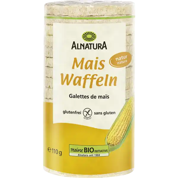 Alnatura Bio Maiswaffeln natur: Цвет: Produktbeschreibung und details Knusprigleicht und glutenfrei  die Alnatura Maiswaffeln natur sind die ideale Brotalternative Sie passen wunderbar zu herzhaften wie sen Aufstrichen da kein Salz zugefgt ist Der Mais stammt aus biologischer Landwirtschaft Lebensmittelunternehmer Name Alnatura GmbH Adresse MahatmaGandhiStr  DE Darmstadt wwwalnaturade Bio Zertifikat NLBIO UrsprungslandHerkunftsort EULandwirtschaft Testurteile Qualittssiegel ampamp Verbandszeichen Rechtlich vorgeschriebene Produktbezeichnung Bio Maiswaffeln natur glutenfrei Zutaten Mais aus biologischer Landwirtschaft Kann Spuren von SESAM enthalten Nhrwerte Durchschnittliche Nhrwertangaben pro  g Energie  kj   kcal Fett  g davon  gesttigte Fettsuren  g Kohlenhydrate  g davon  Zucker amplt  g Ballaststoffe  g Eiwei  g Salz amplt  g Gebrauch Aufbewahrung und Verwendung Aufbewahrungs und Verwendungsbedingungen Bitte trocken lagern Angebrochene Packung gut verschlieen
https://www.rossmann.de/de/lebensmittel-alnatura-bio-maiswaffeln-natur/p/4104420057487