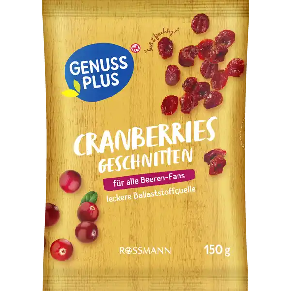 GENUSS PLUS Cranberries geschnitten: Цвет: Produktbeschreibung und details IIhre Blte hat die Form eines Kranichs Unsere getrockneten und geschnittenen Cranberries versen deine fruchtigen ZwischendurchMomente pimpen jedes Msli und eignen sich auch super frs Kochen und Backen fr alle BeerenFans leckere Ballaststoffquelle glutenfrei laktosefrei vegan Von Natur aus vegan glutenfrei und laktosefrei Laktosegehalt unter  g g Lebensmittelunternehmer Name Dirk Rossmann GmbH Adresse Isernhgener Str   Burgwedel Germany wwwrossmannde      Testurteile Qualittssiegel ampamp Verbandszeichen Rechtlich vorgeschriebene Produktbezeichnung Cranberries geschnitten getrocknet gezuckert Zutaten Getrocknete Cranberries  Cranberries   Zucker Sonnenblumenl Kann Spuren von SCHALENFRCHTE und ERDNSSEN enthalten Nhrwerte Durchschnittliche Nhrwertangaben pro  g Energie  kj   kcal Fett  g davon  gesttigte Fettsuren  g Kohlenhydrate  g davon  Zucker  g Ballaststoffe  g Eiwei  g Salz  g Gebrauch Aufbewahrung und Verwendung Aufbewahrungs und Verwendungsbedingungen Trocken und wrmegeschtzt lagern
https://www.rossmann.de/de/lebensmittel-genuss-plus-cranberries-geschnitten/p/4305615839592