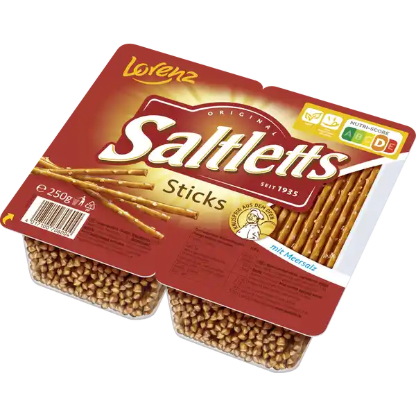 Lorenz Saltletts Sticks Classic: Цвет: Produktbeschreibung und details Die absoluten Klassiker Die knusprigen goldbraunen Laugensticks werden mit Meersalz bestreut Ein kulinarischer Evergreen sozusagen  und aus dem Snackregal einfach nicht mehr wegzudenken Sorgfltig ausgewhlte Zutaten verarbeitet nach traditionellen Rezepten So entsteht der unverflschte Geschmack Sie sind arm an gesttigten Fettsuren geeignet fr Vegetarier ampamp Veganer ohne zugesetzte Geschmacksverstrker und laktosefrei Wenn die Saltletts auf den Tisch kommen ist Knabberlaune angesagt Denn Saltletts sind die berhmten SalzgebckKlassiker in meisterhafter Qualitt  eine knusprige Verbindung von Tradition und Innovation Die beliebte Marke Saltletts kann auf ber  Jahre Erfahrung in meisterhafter Backkunst zurckgreifen Alles begann  mit der Einfhrung von Deutschlands allererster Salzstange unter dem Namen Salzletten Mit Meersalz verfeinert und im Ofen knusprig und goldbraun gebacken bis sie so herrlich knacken beim Snacken  so berzeugen sie bis heute Die gleichbleibend hohe Qualitt Sicherheit und Transparenz sind unser Versprechen Wir glauben Produktqualitt die man schmecken kann fngt bei der Rohstoffauswahl an  deshalb verarbeiten sie nur sorgfltig ausgewhlte Zutaten nach traditionellen Rezepten So entsteht knuspriger Knabberspa Lebensmittelunternehmer Name The Lorenz Bahlsen SnackWorld GmbH ampamp Co KG Germany Adresse Rathenaustr  D NeuIsenburg Wwwsaltlettsde Rechtlich vorgeschriebene Produktbezeichnung Laugengebck Zutaten WEIZENMEHL   Rapsl Salz Meersalz   GERSTENMALZEXTRAKT  Hefe Sureregulator Natriumhydroxid Kann SESAMSAMEN enthalten Nhrwerte Durchschnittliche Nhrwertangaben pro  g Energie  kj   kcal Fett  g davon  gesttigte Fettsuren  g Kohlenhydrate  g davon  Zucker  g Eiwei  g Salz  g Gebrauch Aufbewahrung und Verwendung Aufbewahrungs und Verwendungsbedingungen Trocken lagern Vor Licht und Wrme schtzen
https://www.rossmann.de/de/lebensmittel-lorenz-saltletts-sticks-classic/p/4017100706004