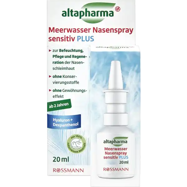 altapharma Meerwasser Nasenspray Sensitiv PLUS: Цвет: https://www.rossmann.de/de/gesundheit-altapharma-meerwasser-nasenspray-sensitiv-plus/p/4305615947389
Produktbeschreibung und details altapharma Meerwasser Nasenspray sensitiv PLUS enthlt die natrliche krpereigene Substanz Hyaluronsure die durch ihr Wasserbindungsvermgen und ihre Hafteigenschaften einen feuchtigkeitsbindenden Schutzfilm auf der Nasenschleimhaut bildet Die natrliche Reinigungsfunktion der Nasenschleimhaut wird untersttzt und das freie Atmen wird erleichtert zur Reinigung und Befeuchtung der Nasenschleimhaut ohne Konservierungsstoffe ohne Gewhnungseffekt fr Kinder ab  Jahren geeignet Kontaktdaten Dirk Rossmann GmbH Isernhgener Strae   Burgwedel wwwrossmannde UrsprungslandHerkunftsort Deutschland Anwendung und Gebrauch Dosierungsanleitung Bei Kindern ab  bis  Jahren jeweils einen Sprhsto anwenden Bei Erwachsenen und Kindern ab  Jahren    Sprhste anwenden Bis zu mal tglich nach Bedarf in jedes Nasenloch geben und dabei leicht durch die Nase einatmen ml je Sprhsto Jede Dosiereinheit sollte nur von einer Person genutzt werden Gebrauch Aufbewahrung und Verwendung Aufbewahrungs und Verwendungsbedingungen Nach Anwendung nicht lnger als  Wochen verwenden Fr Kinder unzugnglich aufbewahren Inhaltsstoffe  ml Lsung enthlt  ml isotonische Lsung entsprechend einer igen Natriumchloridlsung bestehend aus Meersalzlsung Dexpanthenol und Natriumhyaluronat Natriumsalz der Hyaluronsure Ohne Konservierungsmittel Warnhinweise und wichtige Hinweise Warnhinweise Fr Erwachsene und Kinder ab  Jahren geeignet