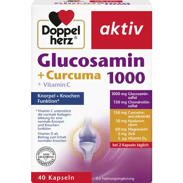 Doppelherz aktiv Glucosamin 1000 + Curcuma Kapseln: Цвет: https://www.rossmann.de/de/gesundheit-doppelherz-aktiv-glucosamin-1000--curcuma-kapseln/p/4009932138535
Produktbeschreibung und details Unser Bewegungsapparat mit seinen Gelenken Knorpeln Sehnen und Bndern wird jeden Tag gefordert Ein gesunder Bewegungsapparat ist eine Voraussetzung fr Lebensqualitt in jedem Alter Dafr ist unter anderem neben schonender krperlicher Aktivitt auch eine gute Versorgung des Bewegungsapparates mit Nhrstoffen aus der Nahrung wichtig Vitamin C trgt zu einer normalen Kollagenbildung fr eine normale Knorpel und Knochenfunktion beiDarber hinaus leistet es einen Beitrag zum Schutz der Zellen vor oxidativem Stress Vitamin D trgt zum Erhalt normaler Knochen bei Darber hinaus leistet Vitamin D einen Beitrag zu einer normalen Muskelfunktion Kupfer trgt zum Erhalt Mangan zur Bildung des normalen Bindegewebes bei Als Bindegewebe bezeichnet man die Sttz und Stabilisierungsstrukturen des Krpers Glucosamin und Chondroitin sind tierischen Ursprungs Glucosamin ist ein Strukturbestandteil des Panzers von Garnelen Lebensmittelunternehmer Name Queisser Pharma GmbH ampamp Co KG Adresse Schleswiger Str  D Flensburg wwwdoppelherzde UrsprungslandHerkunftsort Deutschland Rechtlich vorgeschriebene Produktbezeichnung Kapseln mit Glucosaminsulfat Chondroitinsulfat Hyaluronsure und Curcumawurzelextrakt Vitaminen und Mineralstoffen  Nahrungsergnzungsmittel Zutaten Glucosaminsulfat aus Bestandteilen von GARNELEN  Gelatine Rind Chondroitinsulfat Rind Curcuminhaltiger Curcumawurzelextrakt LAscorbinsure Magnesiumoxid DLalphaTocopherylacetat Trennmittel Magnesiumsalze der Speisefettsuren Trennmittel Siliciumdioxid Natriumhyaluronat Zinkcarbonat Mangangluconat Farbstoff Eisenoxide und Eisenhydroxide Kupfergluconat Natriumselenit Cholecalciferol Nhrwerte Durchschnittliche Nhrwertangaben pro  Portion  Kapseln Tagesdosis Referenzwert Nhrstoffbezugswerte gem EUVerordnung  NRV Magnesium  mg   Zink  mg   Kupfer  mg   Mangan  mg   Selen  g   Vitamin D  g   Vitamin E  mg   Vitamin C  mg   Anwendung und Gebrauch Tglich  Kapseln zu einer Mahlzeit mit ausreichend Flssigkeit unzerkaut einnehmen Gebrauch Aufbewahrung und Verwendung Aufbewahrungs und Verwendungsbedingungen Trocken und nicht ber  C lagern Fr kleine Kinder unzugnglich aufbewahren Warnhinweise und wichtige Hinweise Warnhinweise Die angegebene empfohlene tgliche Verzehrsmenge darf nicht berschritten werden Nahrungsergnzungsmittel sind kein Ersatz fr eine ausgewogene und abwechslungsreiche Ernhrung und eine gesunde Lebensweise Bei Verbrauchern mit eingeschrnkter Glucosetoleranz wird eine berwachung des Blutzuckerspiegels und des Insulinbedarfs empfohlen Verbraucher die mit CumarinAntikoagulantien behandelt werden sollten das Produkt nur nach Rcksprache mit dem Arzt anwenden Die Blutgerinnung sollte sorgfltig berwacht werden Mangels ausreichender Datenlage sollten Schwangere Stillende Kinder und Jugendliche auf eine Anwendung verzichten