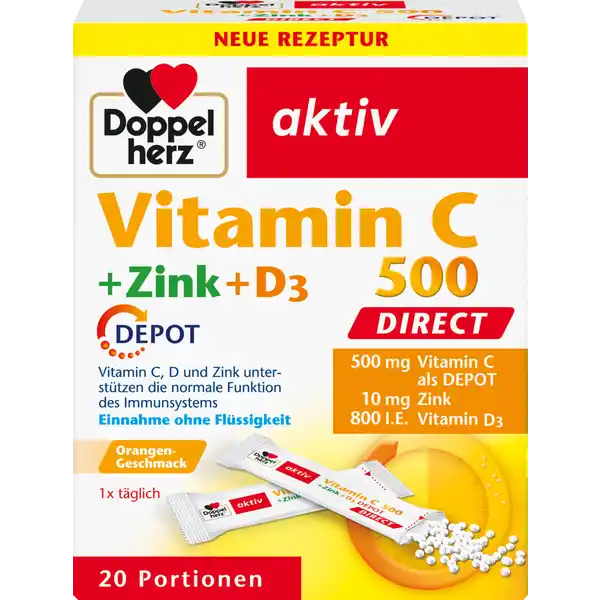 Doppelherz aktiv Vitamin C 500 Direct + Zink + D3: Цвет: https://www.rossmann.de/de/gesundheit-doppelherz-aktiv-vitamin-c-500-direct--zink--d3/p/4009932134346
Produktbeschreibung und details Fr ein starkes Immunsystem und gesunde Abwehrkrfte spielt eine ausreichende Versorgung mit Nhrstoffen eine wichtige Rolle Bestimmte Vitamine kann der Krper nicht lange speichern Werden z B groe Mengen an Vitamin C mit einem Mal aufgenommen scheidet der Krper einen Teil ungenutzt wieder aus Aus den feinen Granulatperlen mit DEPOTEffekt werden  mg Vitamin C ber viele Stunden nach und nach freigegeben und dem Krper so anhaltend durch kleinere Portionen ber den Tag verteilt zur Verfgung gestellt Zustzlich enthlt dieses Produkt auch  mg Zink und  g Vitamin D Dies entspricht  IE Internationale Einheiten MicroPellets die moderne Darreichungsform fr die schnelle und direkte Einnahme Die feinen Granulatperlen knnen jederzeit und berall ganz ohne Flssigkeit eingenommen werden Ideal fr unterwegs oder bei Einnahmeschwierigkeiten von Tabletten Orangengeschmack Einnahme ohne Flssigkeit wohlschmeckend und besonders leicht einzunehmen Vitamin C und Zink tragen dazu bei die Zellen vor oxidativem Stress zu schtzen Vitamin C D und Zink untersttzen die normale Funktion des Immunsystems Lebensmittelunternehmer Name Queisser Pharma Adresse Schleswiger Str   Flensburg wwwdoppelherzde Rechtlich vorgeschriebene Produktbezeichnung Granulat mit Vitamin C und D Zink und OrangenGeschmack  Nahrungsergnzungsmittel mit Sungsmittel Zutaten Fllstoff Sorbit LAscorbinsure pflanzliche Fette Palm Kokos Raps ganz gehrtet Fllstoff Xylit Suerungsmittel Citronensure Sureregulator Mononatriumcitrat Zinkoxid Verdickungsmittel NatriumCarboxymethylcellulose Aroma mittelkettige Triglyceride Trennmittel Magnesiumsalze der Speisefettsuren Sungsmittel Sucralose Cholecalciferol Nhrwerte Durchschnittliche Nhrwertangaben pro  Portion  Beutel NRV Zink  mg   Vitamin D  g   Vitamin C  mg   Anwendung und Gebrauch Tglich den Inhalt eines Beutels verzehren Die MicroPellets direkt auf die Zunge geben langsam zergehen lassen und schlucken Bitte den Beutel in Pfeilrichtung aufreien Gebrauch Aufbewahrung und Verwendung Aufbewahrungs und Verwendungsbedingungen Trocken und nicht ber  C lagern Fr kleine Kinder unzugnglich aufbewahren Warnhinweise und wichtige Hinweise Warnhinweise Die angegebene empfohlene tgliche Verzehrsmenge darf nicht berschritten werden Nahrungsergnzungsmittel sind kein Ersatz fr eine ausgewogene und abwechslungsreiche Ernhrung und eine gesunde Lebensweise Fr Kinder Jugendliche Schwangere und Stillende sowie Personen mit eingeschrnkter Nierenfunktion nicht geeignet Kann bei bermigem Verzehr abfhrend wirken Ab einer Menge von  mg Zink pro Tag sollte auf die Einnahme weiterer zinkhaltiger Nahrungsergnzungsmittel verzichtet werden