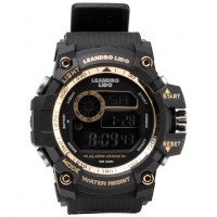 LEANDRO LIDO "Genua" Unisex Sports Watch black gold: Цвет: Brand: LEANDRO LIDO including battery 12-bit digital display with hours, minutes, seconds, day, day of the week, week and month Water resistance: 3 ATM Stopwatch, alarm and hourly chime function 12/24 hour format Watch case: ABS plastic Watch strap: TPU rubber Watch glass: plastic Movement: Japanese quartz movement Background can be illuminated by button Brand logo on the front above the dial Dial diameter: approx. 53 mm Strap Width: Approx. 22mm adjustable bracelet with double pin clasp maximum wrist circumference up to approx. 20 cm User manual is included suitable for sports and leisure Stainless steel back including reusable box packaging NEW, with tags &amp; original packaging &gt;Disposal instructions for batteries
https://www.sportspar.com/leandro-lido-genua-unisex-sports-watch-black-gold