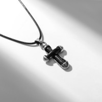 Кулон на шнурке "Крест" кожа, цвет чёрный в чернёном серебре на чёрном шнурке, 40 см: 