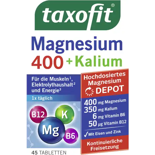 taxofit Magnesium 400 + Kalium: Цвет: Produktbeschreibung und details Wer seinen Krper mit Sport und Bewegung fordert tut ihm Gutes Wer sich viel und oft bewegt kann einen erhhten Bedarf an Vitaminen und Mineralstoffen haben ber den entstehenden Schwei verliert der Krper Elektrolyte TAXOFIT Magnesium   Kalium versorgt den Krper mit einer ausgewhlten Rezeptur aus Magnesium Kalium den Vitaminen B und B Sportler wissen Wer auf seinen Krper hrt hat mehr Freude an einem aktiven Lebensstil fr die Muskeln Elektrolythaushalt und Energie Magnesium und Kalium tragen zu einer normalen Muskelfunktion bei Magnesium trgt zum Elektrolytgleichgewicht bei Vitamin B und B tragen zu einem normalen Energiestoffwechsel bei Magnesium und Kalium tragen zu einer normalen Funktion des Nervensystems bei Magnesium Vitamin B und B tragen zur Verringerung von Mdigkeit und Ermdung bei Eisen trgt zu einer normalen Bildung roter Blutkrperchen und Hmoglobin bei Zink trgt zu einem normalen KohlenhydratStoffwechsel bei Lebensmittelunternehmer Name MCM Klosterfrau Adresse D Kln Rechtlich vorgeschriebene Produktbezeichnung Nahrungsergnzungsmittel mit Mineralstoffen und Vitaminen Zutaten Kaliumchlorid Magnesiumoxid Fllstoffe Cellulose Isomalt Trennmittel Fettsuren Magnesiumsalze der Speisefettsuren Talkum Geliermittel Hydroxypropylmethylcellulose Farbstoff Calciumcarbonat Eisenfumarat Pyridoxinhydrochlorid Zinkoxid pflanzliche le Kokos Palm berzugsmittel Carnaubawachs Cyanocobalamin Vitamin B Glutenfrei zuckerfreilaktosefrei Nhrwerte Durchschnittliche Nhrwertangaben pro  Portion NRV Kalium  mg   Magnesium  mg   Eisen  mg   Zink  mg   Vitamin B  mg   Vitamin B  g   Anwendung und Gebrauch  Tablette tglich mit etwas Flssigkeit zu einer Mahlzeit unzerkaut schlucken Gebrauch Aufbewahrung und Verwendung Aufbewahrungs und Verwendungsbedingungen Bitte trocken und nicht ber  C lagern Auerhalb der Reichweite von kleinen Kindern lagern Warnhinweise und wichtige Hinweise Warnhinweise Magnesiumprparate knnen bei empfindlichen Personen eine leicht abfhrende Wirkung haben Nur fr Erwachsene geeignet Nahrungsergnzungsmittel sollten nicht als Ersatz fr eine ausgewogene und abwechslungsreiche Ernhrung verwendet werden oder eine gesunde Lebensweise ersetzen Die angegebene empfohlene tgliche Verzehrsmenge darf nicht berschritten werden
https://www.rossmann.de/de/gesundheit-taxofit-magnesium-400--kalium/p/4008617008125