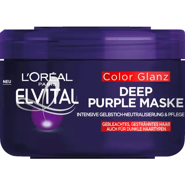 LOral Paris Elvital Color Glanz Deep Purple Mask ml: Цвет: Produktbeschreibung und details Die neue Elvital Color Glanz Deep Purple Maske ist speziell fr aufgehelltes dunkles Haar konzipiert Als intensive AntiGelbstichMaske der Serie ist sie mit besonders krftigen ViolettPigmenten angereichert die stark aufgehelltes oder gestrhntes Haar heller klarer und gepflegter aussehen lassen Ihre einzigartige mit Pigmenten und pflegenden Inhaltsstoffen angereicherte Formel verleiht der Deep Purple Maske nicht nur Gelbstichneutralisierende Krfte sondern auch einen intensiv pflegenden Effekt Vom Aufhellen strapaziertes Haar wird sofort geschmeidiger und besser kmmbar Das Ergebnis strahlend blondes gepflegt aussehendes Haar Kontaktdaten LOral Paris TSA   ST OUEN CEDEX FR wwwlorealpariscom Anwendung und Gebrauch Die Deep Purple Mask einmal die Woche im Anschluss an das Purple Shampoo im feuchten Haar verteilen  Minuten einwirken lassen und anschlieend grndlich aussplen Gebrauch Aufbewahrung und Verwendung Aufbewahrungs und Verwendungsbedingungen Khl und trocken lagern Inhaltsstoffe  A  INGREDIENTS AQUA  WATER CETEARYL ALCOHOL PARAFFINUM LIQUIDUM  MINERAL OIL DIPALMITOYLETHYL HYDROXYETHYLMONIUM METHOSULFATE CETYL ESTERS CETRIMONIUM CHLORIDE CITRIC ACID SODIUM BENZOATE SODIUM HYDROXIDE CAPRYLYL GLYCOL SALICYLIC ACID CI   ACID VIOLET  LINALOOL HEXYL CINNAMAL BENZYL SALICYLATE BENZYL ALCOHOL LIMONENE AMYL CINNAMAL COUMARIN CITRONELLOL COCOS NUCIFERA OIL  COCONUT OIL APLHAISOMETHYL IONONE CI   ACID RED  PARFUM  FRAGRANCE FIL C
https://www.rossmann.de/de/pflege-und-duft-loreal-paris-elvital-color-glanz-deep-purple-mask-250ml/p/3600523900664