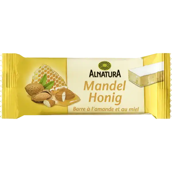 Alnatura Bio Mandel-Honig Riegel: Цвет: Produktbeschreibung und details Fr MarzipanLiebhaber Dieser feine BioRiegel hat einen Mandelanteil von  Prozent Honig sorgt fr seine dezente Se Der Riegel ist ideal als kleiner Snack und zum Mitnehmen geeignet denn eine umliegende Oblate schtzt vor klebrigen Fingern Alle Zutaten fr den Alnatura Riegel MandelHonig stammen aus biologischer Landwirtschaft BioQualitt feiner Riegel mit  Mandeln mit Oblate Lebensmittelunternehmer Name Alnatura GmbH Adresse MahatmaGandhiStr  D Darmstadt wwwalnaturade Bio Zertifikat DEKO UrsprungslandHerkunftsort EUNichtEULandwirtschaft Testurteile Qualittssiegel ampamp Verbandszeichen Rechtlich vorgeschriebene Produktbezeichnung Bio MandelHonigRiegel Zutaten MANDELN   Honig  VOLLMILCHPULVER  ReissirupOblaten  WEIZENMEHL  Kartoffelstrke aus biologischerLandwirtschaft Kann Spuren von HASELNUSS CASHEWNUSS und PISTAZIE enthalten Nhrwerte Durchschnittliche Nhrwertangaben pro  g Energie  kj   kcal Fett  g davon  gesttigte Fettsuren  g Kohlenhydrate  g davon  Zucker  g Ballaststoffe  g Eiwei  g Salz  g Gebrauch Aufbewahrung und Verwendung Aufbewahrungs und Verwendungsbedingungen Bitte trocken lagern und vor Wrme schtzen
https://www.rossmann.de/de/lebensmittel-alnatura-bio-mandel-honig-riegel/p/0000042096184