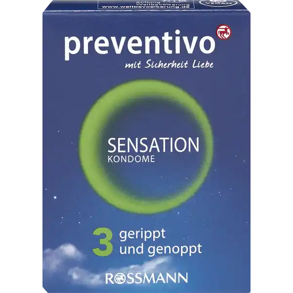 preventivo Sensation Kondome gerippt und genoppt: Цвет: Produktbeschreibung und details  gerippte ampamp genoppte Kondome aus NaturkautschukLatex mit Feuchtfilm und Reservoir extra stimulierend fr beide Partner dermatologisch getestet transparent konturiert leichtes Abrollen nominale Breite  mm Lnge  mm einzeln elektronisch geprft vegan entspricht ISO  Kontaktdaten Dirk Rossmann GmbH Isernhgener Strae   Burgwedel wwwrossmannde Testurteile Qualittssiegel ampamp Verbandszeichen Anwendung und Gebrauch Bitte lesen Sie fr die sichere Anwendung die Gebrauchsanweisung Gebrauch Aufbewahrung und Verwendung Aufbewahrungs und Verwendungsbedingungen Kondome khl trocken und vor Sonnenlicht geschtzt aufbewahren Warnhinweise und wichtige Hinweise Warnhinweise preventivo sensation Kondome sind Medizinprodukte zur Empfngnisverhtung und zum lokalen Schutz vor sexueller bertragung von Infektionen Keine Verhtungsmethode kann einen igen Schutz vor Schwangerschaft HIV oder Infektionserkrankungen garantieren Kondome bieten nur bei vaginalem Geschlechtsverkehr besten Schutz Nie mit l oder fetthaltigen Gleitmitteln verwenden Jedes Kondom nur einmal verwenden Konformittserklrung Konformittserklrung Laden Sie das Dokument zum Produkt als PDF herunter
https://www.rossmann.de/de/gesundheit-preventivo-sensation-kondome-gerippt-und-genoppt/p/4305615918600