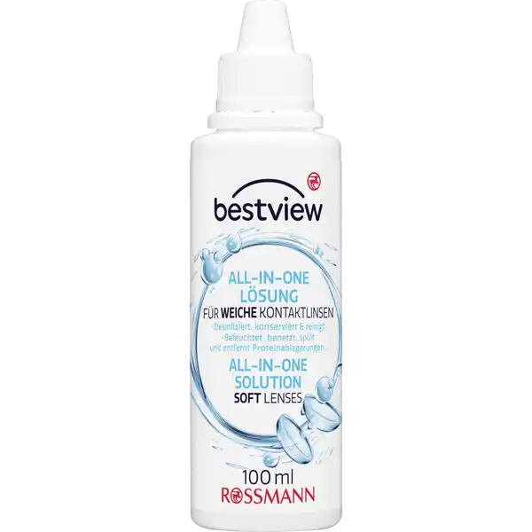 BestView AllinOne Lsung weich  ml Reisegre: Цвет: https://www.rossmann.de/de/gesundheit-bestview-all-in-one-loesung-weich-100-ml-reisegroesse/p/8019894094721
Produktbeschreibung und details AllinOneLsung fr alle Arten von weichen Kontaktlinsen auch fr SilikonHydrogelLinsen desinfiziert konserviert reinigt befeuchtet benetzt splt und entfernt Proteinablagerungen Kontaktdaten Dirk Rossmann GmbH Isernhgener Strae   Burgwedel wwwrossmannde Anwendung und Gebrauch Die Hnde grndlich waschen und trocknen Die Linsen in den Behlter legen Mit der Lsung fllen und die Deckel zuschrauben Die Lsung mindestens  Stunden einwirken lassen Vor dem Entfernen der Linsen aus dem Behlter diesen leicht schtteln Die Linsen knnen nun verwendet werden Die Lsung abgieen und den Behlter wieder verschlieen Warnhinweise und wichtige Hinweise Warnhinweise Das Produkt ist bis zum ersten ffnen der Flasche steril Nach Gebrauch die Flasche wieder gut verschlieen Das Produkt innerhalb von  Tagen nach dem ersten ffnen verwenden Nicht einfrieren und von Wrmequellen fernhalten Fr Kinder unzugnglich aufbewahren Nicht schlucken Im Falle bekannter berempfindlichkeit gegenber einem der Bestandteile nicht verwenden