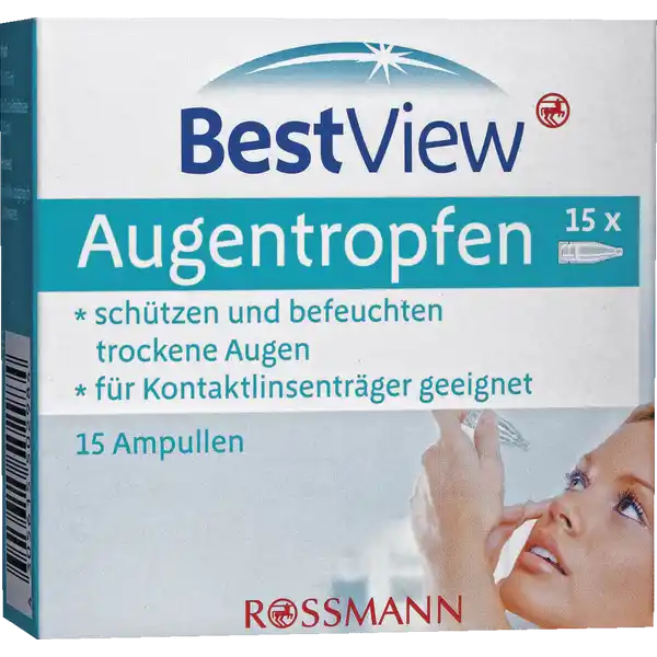 BestView Augentropfen: Цвет: https://www.rossmann.de/de/gesundheit-bestview-augentropfen/p/4305615502984
Produktbeschreibung und details Best View Augentropfen schtzen und befeuchten die Augenoberflche und machen sie gleitfhig Sie bewirken lang anhaltende Erleichterung bei Beschwerden im Zusammenhang mit mechanischer Beanspruchung z B beim Tragen harter oder weicher Kontaktlinsen oder bei diagnostischen Eingriffen am Auge Umweltstress z B durch Klimaanlagen Wind Klte Trockenheit Oder Luftverschmutzung beispielsweise durch Zigarettenrauch Sehstress durch intensives Sehen z B an Computerbildschirmen Mikroskopen oder bei langen Autofahrten Die praktischen EinDosisBehltnisse Ampullen ermglichen zu Hause und unterwegs eine saubere und sichere Verwendung Kontaktdaten Dirk Rossmann GmbH Isernhgener Str   Burgwedel UrsprungslandHerkunftsort Deutschland Anwendung und Gebrauch Trennen Sie ein EinDosisBehltnis ab Vergewissern Sie sich dass jedes EinDosisBehltnis unbeschdigt ist Zum ffnen drehen Sie das flache Ende des EinDosisBehltnisses ab nicht ziehen Geben Sie ein oder zwei Tropfen in jedes Auge oder auf die Innenseite der Kontaktlinse Gebrauch Aufbewahrung und Verwendung Aufbewahrungs und Verwendungsbedingungen Lagerung zwischen  C und  C Fr Kinder unzugnglich aufbewahren Inhaltsstoffe Natriumhyaluronat  Natriumchlorid Natriummonohydrogenphosphat Natriumdihydrogenphosphat gereinigtes Wasser Warnhinweise und wichtige Hinweise Warnhinweise Fr Kinder unzugnglich aufbewahren