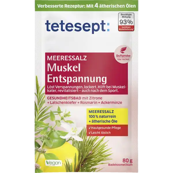 tetesept Meersalz Muskel & Entspannung: Цвет: https://www.rossmann.de/de/gesundheit-tetesept-meersalz-muskel-und-entspannung/p/4008491480697
Produktbeschreibung und details lst Verspannungen lockert hilft bei Muskelkater revitalisiert  auch nach dem Sport Gesundheitsbad mit Zitrone  Latschenkiefer  Rosmarin  Ackerminze hautgesunde Pflege leicht lslich nach aktuellen wissenschaftlichen Erkenntnissen entwickelt Hautvertrglichkeit dermatologisch besttigt frei von Konservierungsstoffen Paraffinen Silikonen Minerallen und alkaliseifenfrei vegan Kontaktdaten Merz Consumer Care GmbH Eckenheimer Landstrae   Frankfurt am Main wwwteteseptde Anwendung und Gebrauch Geben Sie tetesept Meeressalz dem einlaufenden Badewasser zu und genieen Sie Ihr Bad  Minuten lang bei C Splen Sie die Badewanne nach der Anwendung mit heiem Wasser aus um Produktrckstnde zu entfernen Gebrauch Aufbewahrung und Verwendung Aufbewahrungs und Verwendungsbedingungen Fr Kinder unzugnglich anwenden Inhaltsstoffe MARIS SAL PARFUM MENTHA ARVENSIS LEAF OIL PINUS MUGO LEAF OIL CITRUS AURANTIUM DULCIS PEEL OIL ROSMARINUS OFFICINALIS LEAF OIL CITRUS LIMON PEEL OIL LAVANDULA HYBRIDA HERB OIL POLYSORBATE  CITRAL CITRONELLOL EUGENOL GERANIOL LIMONENE LINALOOL CI  Warnhinweise und wichtige Hinweise Warnhinweise Erwachsenenbad Nur auf intakter Haut anwenden Direkten Kontakt des Badesalzes mit empfindlichen Oberflchen und Gegenstnden vermeiden