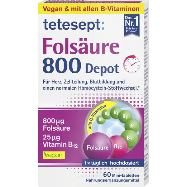 tetesept Folsure  Depot  MiniTabletten: Цвет: https://www.rossmann.de/de/gesundheit-tetesept-folsaeure-800-depot-60-mini-tabletten/p/4008491105385
Produktbeschreibung und details Folsure ist im Krper an zahlreichen Stoffwechselvor gngen wie z B der Blutbildung oder Zellteilung beteiligt Laut der Nationalen Verzehrsstudie  erreichen   der Mnner und   der Frauen aber nicht die empfohlene tgliche Folsurezufuhr Ein erhhter Bedarf kann bei unausgewogener Ernhrung oder im zunehmenden Alter entstehen tetesept Folsure  Depot aus hochdosierter Folsure und allen BVitaminen setzt Nhrstoffe dank der Depot Wirkung langfristig und gleichmig im Krper frei tetesept Folsure  Depot hat eine Funktion bei der Zellteilung dank Vitamin Bund Folsure untersttzt die normale Blutbildung dank Folsure trgt zu einem normalen HomocysteinStoffwechsel bei durch Vitamin B Folsure und Vitamin B leistet einen Beitrag zur normalen Herzfunktion dank Vitamin B untersttzt die normale Funktion des Immunsystems dank Vitamin B Folsure und Vitamin B Lebensmittelunternehmer Name Merz Consumer Care GmbH Adresse Eckenheimer Landstrae   Frankfurt wwwteteseptde Rechtlich vorgeschriebene Produktbezeichnung Nahrungsergnzungsmittel mit BVitaminen Zutaten Fllstoff Mikrokristalline Cellulose Nicotinamid Niacin Fllstoff Hydroxypropylmethylcellulose Pyridoxinhydrochlorid Vitamin B Fllstoff Natrium Carboxymethylcellulose CalciumDPantothenat Pantothensure Thiaminmononitrat Vitamin B Farbstoff Calciumcarbonat Riboflavin Vitamin B Pteroylmonoglutaminsure Folsure Trennmittel Magnesiumsalz der Speisefettsure Speisefettsure berzugsmittel Hydroxypropylcellulose DBiotin Cyanocobalamin Vitamin B Nhrwerte Durchschnittliche Nhrwertangaben pro  Portion Tagesdosis Tagesdosis Referenzwert ampgtReferenzmenge fr die tgliche Zufuhr von Vitaminen und Mineralstoffen Energie  kj   kcal Fett amplt  g davon  gesttigte Fettsuren amplt  g Kohlenhydrate amplt  g davon  Zucker amplt  g Eiwei amplt  g Salz amplt  g NRV Vitamin B Thiamin  mg   Vitamin B Riboflavin  mg   Niacin  mg   Vitamin B  mg   Folsure  g   Vitamin B  g   Biotin  g   Pantothensure  mg   Anwendung und Gebrauch x tglich  Tablette mit ausreichend Flssigkeit unzerkaut verzehren Die empfohlene tgliche Verzehrmenge darf nicht berschritten werden Fr Erwachsene Gebrauch Aufbewahrung und Verwendung Aufbewahrungs und Verwendungsbedingungen Vor Hitze und direkter Lichteinstrahlung schtzen Fr kleine Kinder unzugnglich aufbewahren Warnhinweise und wichtige Hinweise Warnhinweise Nahrungsergnzungsmittel sind kein Ersatz fr eine abwechslungsreiche und ausgewogene Ernhrung die zusammen mit einer gesunden Lebensweise von Bedeutung ist Die empfohlene tgliche Verzehrsmenge darf nicht berschritten werden Fr kleine Kinder unzugnglich aufbewahren