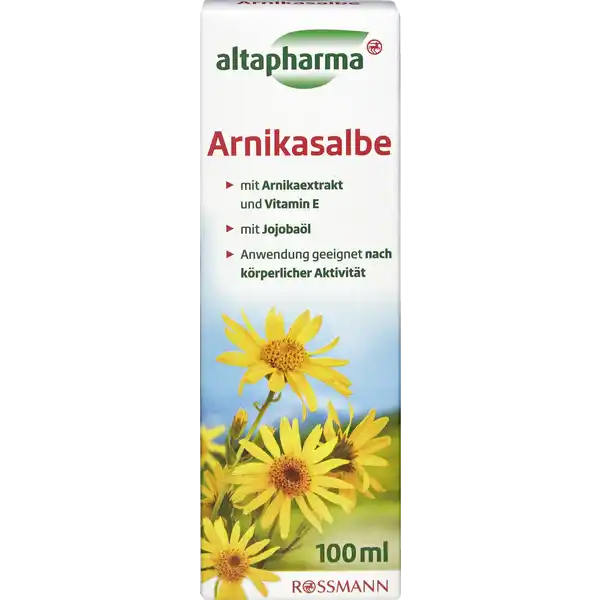 altapharma Arnikasalbe: Цвет: https://www.rossmann.de/de/gesundheit-altapharma-arnikasalbe/p/4305615971896
Produktbeschreibung und details Altapharma Arnikasalbe pflegt nach sportlicher Bettigung wohltuend Die Formulierung erfrischt und gleichzeitig pflegen enthaltenes Vitamin E und Arnikaextrakt die angespannten Hautpartien Die Arnikasalbe eignet sich hervorragend fr eine entspannende Massage nach krperlicher Aktivitt mit Arnikaextrakt Vitamin E und Jojobal Anwendung geeignet nach krperlicher Aktivitt vegan Kontaktdaten Dirk Rossmann GmbH Isernhgener Strasse   Burgwedel wwwrossmannde UrsprungslandHerkunftsort Deutschland Testurteile Qualittssiegel ampamp Verbandszeichen Anwendung und Gebrauch Mehrmals tglich auf die gewnschten Hautpartien auftragen und leicht einmassieren Inhaltsstoffe Aqua Isopropyl Palmitate Glyceryl Stearate Citrate Cetearyl Alcohol Simmondsia Chinensis Jojoba Seed Oil Glycerin Glyceryl Stearate Myristyl Alcohol Arnica Montana Flower Extract Helianthus Annuus Sunflower Seed Oil Ethylhexylglycerin Xanthan Gum Cetearyl Glucoside Tocopheryl Acetate Citric Acid Sodium Hydroxide Phenoxyethanol Potassium Sorbate Tocopherol