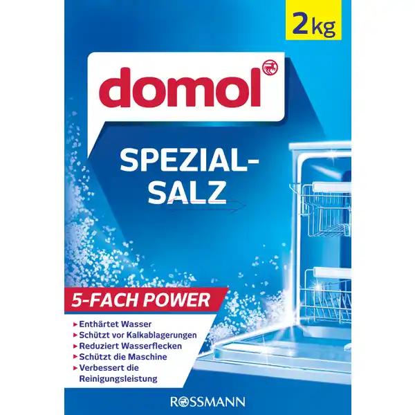 domol Spezial-Salz: Цвет: https://www.rossmann.de/de/haushalt-domol-spezial-salz/p/4305615714677
Produktbeschreibung und details Freuen Sie sich auf ein kraftvolles Leistungsergebnis Das domol Spezial Salz enthrtet das Wasser bei jedem Splgang und schtzt so vor Kalkablagerungen Fr eine lngere Lebensdauer Ihrer Splmaschine Entdecken Sie weitere Vorteile Besteht aus einer feinen Krnung Rckstandsfreie Ergebnisse Gut lslich Vollkommen rein Kontaktdaten Dirk Rossmann GmbH Isernhgener Strae   Burgwedel wwwrossmannde   UrsprungslandHerkunftsort Hergestellt in Deutschland Anwendung und Gebrauch Den Salzbehlter der Splmaschine gem den Angaben des Maschinenherstellers befllen Ein Paket domol SpezialSalz reicht meist fr eine komplette Befllung In Verbindung mit domol GeschirrReiniger Pulver oder Tabs sorgt es fr ein hervorragendes Splergebnis Gebrauch Aufbewahrung und Verwendung Aufbewahrungs und Verwendungsbedingungen Khl und trocken aufbewahren Warnhinweise und wichtige Hinweise Warnhinweise domol SpezialSalz auerhalb der Reichweite von Kindern aufbewahren Regelmig den Stand der Salzanzeige berprfen Nur ausreichend befllt kann die Wasserenthrtung richtig arbeiten Speisesalz ist fr die Enthrtung in einer Splmaschine nicht geeignet denn es kann im Gegensatz zu SpezialSalz unlsliche Bestandteile enthalten die zu schdlichen Ablagerungen fhren knnen Die Packung enthlt genussuntaugliches domol SpezialSalz Es darf nicht zum menschlichen Verzehr oder zur Herstellung von Lebensmitteln verwendet werden