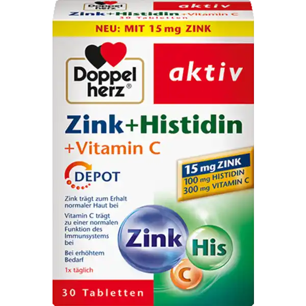 Doppelherz aktiv Zink + Histidin + Vitamin C Depot: Цвет: Produktbeschreibung und details x tglich Zink trgt zum Erhalt normaler Haut bei Vitamin C trgt zu einer normalen Funktion des Immunsystems bei bei erhhtem Bedarf  mg Zink  mg Histidin  mg Vitamin C Lebensmittelunternehmer Name Queisser Pharma GmbH ampamp Co KG Adresse Schleswiger Strae   Flensburg Deutschland wwwdoppelherzde Rechtlich vorgeschriebene Produktbezeichnung Nahrungsergnzungsmittel Tabletten mit Zink Vitamin C und LHistidin Zutaten LAscorbinsure Fllstoff mikrokristalline Cellulose Fllstoff Dicalciumphosphat LHistidin   berzugsmittel Hydroxypropylmethylcellulose Zinkgluconat modifizierte Strke Trennmittel Speisefettsuren Trennmittel Magnesiumsalze der Speisefettsuren berzugsmittel Hydroxypropylcellulose Farbstoff Titandioxid Trennmittel Talkum Trennmittel Siliciumdioxid Kokosl Farbstoff Eisenoxide und Eisenhydroxide Nhrwerte Durchschnittliche Nhrwertangaben pro  Portion  Tablette NRV Zink  mg   Vitamin C  mg   Anwendung und Gebrauch Tglich  Tablette mit ausreichend Flssigkeit unzerkaut einnehmen Gebrauch Aufbewahrung und Verwendung Aufbewahrungs und Verwendungsbedingungen Trocken und nicht ber C lagern Warnhinweise und wichtige Hinweise Warnhinweise Die angegebene empfohlene tgliche Verzehrsmenge darf nicht berschritten werden Nahrungsergnzungsmittel sind kein Ersatz fr eine ausgewogene und abwechslungsreiche Ernhrung und gesunde Lebensweise Fr kleine Kinder unzugnglich aufbewahren Fr Kinder und Jugendliche nicht geeignet Fr kleine Kinder unzugnglich aufbewahren Fr Kinder und Jugendlich Schwangere und Stillende nicht geeignet
https://www.rossmann.de/de/gesundheit-doppelherz-aktiv-zink--histidin--vitamin-c-depot/p/4009932003727