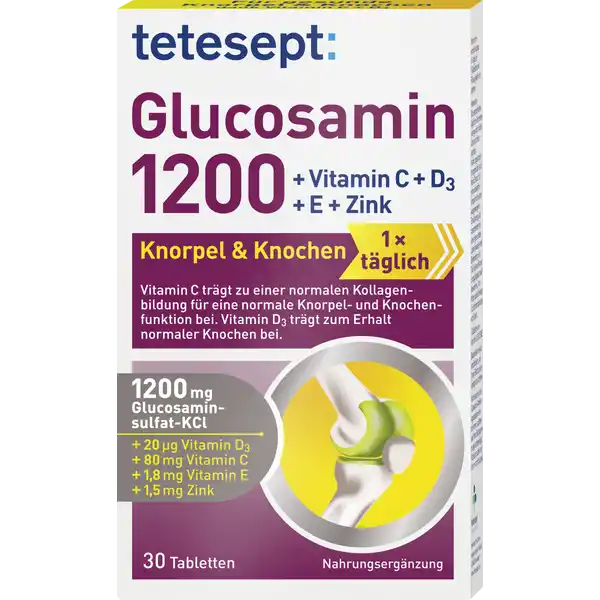 tetesept Glucosamin 1200 Tabletten: Цвет: Produktbeschreibung und details tetesept Glucosamin  enthlt hochdosiertes Vitamin D und Vitamin C sowie mg GlucosaminsulfatKCl ergnzt um weitere ausgewhlte Mikronhrstoffe Vitamin C trgt zu einer normalen Kollagenbildung fr eine normale Knorpel und Knochenfunktion bei Vitamin D trgt zur Erhaltung normaler Knochen bei Kupfer trgt zur Erhaltung von normalem Bindegewebe bei Vitamin C E und Zink tragen dazu bei die Zellen vor oxidativem Stress zu schtzen Vitamin D trgt zur Erhaltung einer normalen Muskelfunktion bei Lebensmittelunternehmer Name tetesept pharma gmbh Adresse  Frankfurt wwwteteseptde Rechtlich vorgeschriebene Produktbezeichnung Nahrungsergnzungsmittel mit GlucosaminsulfatKCl Vitamin C Vitamin D Vitamin E Kupfer und Zink Zutaten Zutaten pro g DGlucosaminsulfatKaliumchlorid  KREBSTIERE   Fllstoff Mikrokristalline Cellulose Ascorbinsure Vitamin C  Fllstoff Polyvinylpyrrolidon berzugsmittel NatriumCarboxymethylcellulose l pflanzlich Kokosnuss Palmkern Trennmittel Magnesiumsalze der Speisefettsuren berzugsmittel Hydroxypropylcellulose Hydroxypropylmethylcellulose Farbstoff Titandioxid Trennmittel Talkum DLalphaTocopherolacetat Vitamin E  Trennmittel Siliciumdioxid Zinkoxid  Kupfersulfat  Cholecalciferol Vitamin D  Nhrwerte Durchschnittliche Nhrwertangaben pro  Portion  Stck NRV Zink  mg   Kupfer  g   Vitamin D  g   Vitamin E  mg   Vitamin C  mg   Anwendung und Gebrauch x tglich  Tablette mit Flssigkeit verzehren Gebrauch Aufbewahrung und Verwendung Aufbewahrungs und Verwendungsbedingungen Fr kleine Kinder unzugnglich aufbewahren Vor Hitze und direkter Lichteinstrahlung schtzen Warnhinweise und wichtige Hinweise Warnhinweise Die empfohlene tgliche Verzehrsmenge darf nicht berschritten werden Nahrungsergnzungsmittel sind kein Ersatz fr eine abwechslungsreiche und ausgewogene Ernhrung die zusammen mit einer gesunden Lebensweise von Bedeutung ist  Tablette entspricht  BE Diabetikern wird empfohlen auf ihren Blutzuckerspiegel zu achten Verbraucher die CumarinAntikoagulantien einnehmen sollten auf ihre Blutgerinnung achten ggf Rcksprache mit ihrem Arzt halten
https://www.rossmann.de/de/gesundheit-tetesept-glucosamin-1200-tabletten/p/4008491277242