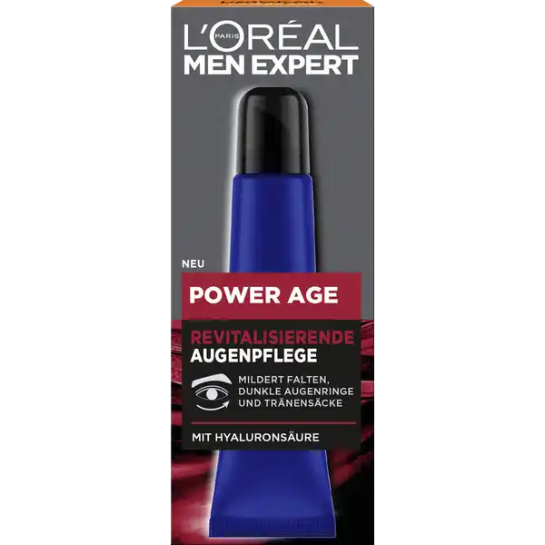 LOral Paris men expert Power Age Revitalisierende Augenpflege: Цвет: Produktbeschreibung und details Die LOral Men Expert Power Age revitalisierende Augenpflege fr Mnner eignet sich ideal um Falten und trockenen Hautstellen rund um die Augen vorzubeugen Speziell fr diese Hautbedrfnisse wurde die feuchtigkeitsspendende Augenpflege entwickelt Dabei wirkt die Augencreme sowohl gegen Augenringe als auch bei den ersten Anzeichen der Hautalterung Die darin enthaltene Hyaluronsure mildert Falten und leichte Linien im Gesicht sichtbar Speziell rund um die Augen verliert die Haut oft am ehesten ihre Elastizitt sodass kleinere Augenfltchen die Folge sind Diese werden dank der revitalisierenden Augencreme gemildert Ebenso werden dunkle Augenringe verbessert und die Augenpartie insgesamt erfrischt Bei Schwellungen und Trnenscken wirkt die Augencreme fr Mnner abschwellend sodass diese ebenfalls verbessert werden Zudem untersttzt die Hyaluronsure die Erhaltung der Hautfeuchtigkeit wodurch die Haut nachhaltig mit Feuchtigkeit versorgt wird Die ultraleichte Formel zieht sofort ein und fettet nicht Kontaktdaten LORAL Deutschland GmbH  Geschftsbereich LOral Paris Johannstrae   Dsseldorf wwwlorealparisde Anwendung und Gebrauch Die Augencreme gegen Augenringe am besten morgens und abends auf die gereinigte Augenpartie geben dafr jeweils einen Tropfen um den Bereich um das Auge herum auftragen und sanft einmassieren Inhaltsstoffe AQUA  WATER  ALCOHOL DENAT  GLYCERIN  PROPANEDIOL  NIACINAMIDE  PROPYLENE GLYCOL  ESCIN  HYDROLYZED RICE PROTEIN  MENTHA PIPERITA EXTRACT  PEPPERMINT EXTRACT  RUSCUS ACULEATUS ROOT EXTRACT  ADENOSINE  CAFFEINE  CRYPTOMERIA JAPONICA BUD EXTRACT  HYDROXYPROPYL TETRAHYDROPYRANTRIOL  SERINE  SODIUM CITRATE  SODIUM HYALURONATE  SODIUM HYDROXIDE  TETRASODIUM GLUTAMATE DIACETATE  ASCORBYL GLUCOSIDE  TOCOPHEROL  PERLITE  SILICA  BUTYLENE GLYCOL  CARBOMER  HYDROLYZED CORN STARCH  PENTYLENE GLYCOL  SODIUM DEXTRAN SULFATE  XANTHAN GUM  PHENOXYETHANOL
https://www.rossmann.de/de/pflege-und-duft-loreal-paris-men-expert-power-age-revitalisierende-augenpflege/p/3600524075835