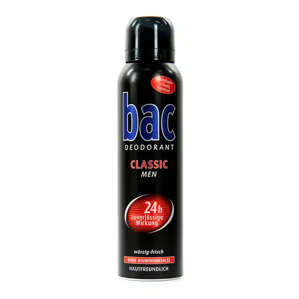 bac MEN Classic Deodorant Spray: Цвет: Produktbeschreibung und details h effektiver Schutz gegen Krpergeruch wrzigfrischer Duft fr ein lang anhaltendes Frischegefhl hautfreundlich dank der Formel mit Pflegevitamin E ohne Aluminiumsalze Hautfreundlichkeit dermatologisch besttigt zuverlssige Deoleistung  rundum geschtzt mit Bac Kontaktdaten LABORI INTERNATIONAL BV Minervum   ZP Breda The Netherlands wwwbacbodycom UrsprungslandHerkunftsort Deutschland Anwendung und Gebrauch Mit einem Abstand von  cm in die Achselhhle sprhen Nur kurz sprhen Inhaltsstoffe Butane Alcohol Denat Propane Isobutane Isopropyl Myristate Parfum Phenoxyethanol Tocopheryl Acetate Limonene Linalool Citronellol Geraniol Warnhinweise und wichtige Hinweise Warnhinweise GEFAHR Extrem entzndbares Aerosol Behlter steht unter Druck Kann bei Erwrmung bersten Von Hitze heien Oberflchen Funken offenen Flammen und anderen Zndquellen fernhalten Nicht rauchen Nicht gegen offene Flammen oder andere Zndquelle sprhen Nicht durchstechen oder verbrennen auch nicht nach Gebrauch Vor Sonnenbestrahlung schtzen Nicht Temperaturen ber  C aussetzen Darf nicht in die Hnde von Kindern gelangen Vor Gebrauch Etikett lesen Nur in gut belfteten Bereichen verwenden Nur kurz sprhen Nicht in die Augen sprhen Nur vllig entleerte Dose in die Wertstoffsammlung geben
https://www.rossmann.de/de/pflege-und-duft-bac-men-classic-deodorant-spray/p/8717524074951