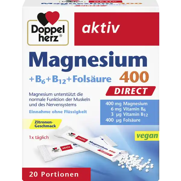 Doppelherz aktiv Magnesium  Direct  B  B  Folsure: Цвет: https://www.rossmann.de/de/gesundheit-doppelherz-aktiv-magnesium-400-direct--b6--b12--folsaeure/p/4009932001990
Produktbeschreibung und details Doppelherz aktiv Magnesium  Direct  B  B  Folsure Wohlschmeckend und besonders leicht einzunehmen Fr die schnelle und direkte Einnahme Doppelherz aktiv Magnesium  Direct  B  B  Folsure versorgt Sie nicht nur mit wichtigen Nhrstoffen sondern schmeckt auch ausgezeichnet Durch ein modernes Herstellungsverfahren ist es gelungen eine moderne und praktische Darreichungsform zu entwickeln Doppelherz Magnesium   B  B  Folsure Direct enthlt seine Nhrstoffe in Form von MicroPellets Den Portionsbeutel aufreien den Inhalt direkt auf die Zunge geben und die feinen Granulatperlen lsen sich in Sekundenschnelle auf Sie knnen so jederzeit und an jedem Ort ganz ohne Flssigkeit geschluckt werden Diese Darreichungsform ist daher besonders gut geeignet um den Krper schnell und direkt mit Magnesium sowie den Vitaminen B B und Folsure zu versorgen  ideal fr unterwegs oder bei Einnahmeschwierigkeiten von Tabletten Magnesium ist ein lebensnotwendiger Mineralstoff und leistet einen Beitrag zum normalen Energiestoffwechsel und zur normalen Muskelfunktion Zustzlich trgt es zur normalen Funktion des Nervensystems bei Die Vitamine B und B erfllen ebenfalls Aufgaben im normalen Energiestoffwechsel und fr die normale Funktion des Nervensystems Vitamin B spielt zustzlich eine Rolle fr den normalen Eiweistoffwechsel Folsure untersttzt die normale Blutbildung und hat eine Funktion bei der Zellteilung Lebensmittelunternehmer Name Queisser Pharma GmbH ampamp Co KG Adresse Schleswiger Strae   Flensburg Deutschland UrsprungslandHerkunftsort Deutschland Rechtlich vorgeschriebene Produktbezeichnung Nahrungsergnzungsmittel mit SungsmittelnGranulat mit Magnesium BVitaminen und Zitronengeschmack Zutaten Magnesiumoxid Fllstoff Sorbit Sureregulator Mononatriumcitrat Suerungsmittel Citronensure Verdickungsmittel Carboxymethylcellulose Aroma Pyridoxinhydrochlorid Sungsmittel AspartamTrennmittel Magnesiumsalze der Speisefettsuren Sungsmittel Acesulfam K Pteroylmonoglutaminsure Cyanocobalamin Nhrwerte Durchschnittliche Nhrwertangaben pro  Portion NRV Magnesium  mg   Vitamin B  mg   Folsure  g   Vitamin B  g   Anwendung und Gebrauch Tglich den Inhalt eines Beutels verzehren Die MicroPellets direkt auf die Zunge geben langsam zergehen lassen und schlucken Gebrauch Aufbewahrung und Verwendung Aufbewahrungs und Verwendungsbedingungen Bei Raumtemperatur lagern Warnhinweise und wichtige Hinweise Warnhinweise Die angegebene empfohlene tgliche Verzehrmenge darf nicht berschritten werdenNahrungsergnzungsmittel sind kein Ersatz fr eine ausgewogene und abwechslungsreiche Ernhrung und eine gesunde Lebensweise Fr kleine Kinder unzugnglich aufbewahrenMengen ber  mg Magnesium knnen bei empfindlichen Personen abfhrend wirken Enthlt eine Phenylalaninquelle Enthlt Sungsmittel