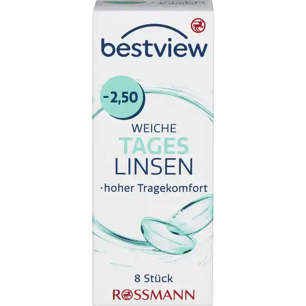 BestView weiche Tageslinsen -2,50: Цвет: https://www.rossmann.de/de/gesundheit-bestview-weiche-tageslinsen--250/p/4719879669572
Produktbeschreibung und details Durch das besonders weiche sauerstoffdurchlssige Material der Tageslinsen wird kaum Eingewhnungszeit bentigt Die Kanten wurden speziell fr hohen Tragekomfort entwickelt Dadurch bleibt die Sehschrfe auch an den Rndern der Linse optimal Tageslinsen sind die gesndeste KontaktlinsenVariante fr die Augen Die Linsen werden tglich ausgetauscht und mssen nicht gereinigt werden Tageslinsen sind ebenfalls ideal wenn man nur ab und zu Kontaktlinsen trgt etwas beim Sport im Urlaub oder am Wochenende hoher Tragekomfort  Stck Kontaktdaten Dirk Rossmann GmbH Isernhgener Strae   Burgwedel wwwrossmannde Gebrauch Aufbewahrung und Verwendung Aufbewahrungs und Verwendungsbedingungen Empfohlen wird die Lagerung bei Raumtemperatur Inhaltsstoffe  sterile weiche getnte Kontaktlinsen  Methafilcon  HO in gepufferter Kochsalzlsung Warnhinweise und wichtige Hinweise Warnhinweise Nicht verwenden bei beschdigter Linsenverpackung Gehen Sie mit Ihren Linsen bitte regelmig zu einer augenrztlichen Kontrolle Folgen Sie den Anweisungen Ihres Kontaktlinsenanpassers Schlafen Sie nicht mit eingesetzter Linse Das Tragen von Kontaktlinsen kann eine Sonnenbrille nicht ersetzen Ihre Augen sind kostbar Bitte beachten Sie die beiligenden Gebrauchsinformationen