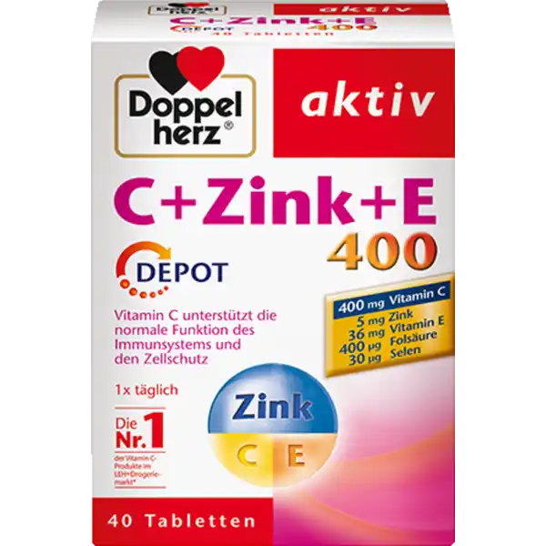 Doppelherz aktiv C+Zink+E 400 Depot: Цвет: Produktbeschreibung und details Doppelherz aktiv CZinkE  Depot Vitamin C fr die normale Funktion des Immunsystems ampamp den Zellschutz Lebensmittelunternehmer Name Queisser Pharma GmbH ampamp Co KG Adresse Schleswiger Strae   Flensburg Deutschland UrsprungslandHerkunftsort Deutschland Rechtlich vorgeschriebene Produktbezeichnung Nahrungsergnzungsmittel Tabletten mit Zink Selen Vitamin C E und Folsure Zutaten Fllstoff Dicalciumphosphat LAscorbinsure Fllstoff Cellulose berzugsmittel Hydroxypropylmethylcellulose DLalphaTocopherylacetat modifizierte Strke Zinkgluconat Trennmittel Speisefettsuren Trennmittel Talkum Trennmittel Magnesiumsalze der Speisefettsuren Trennmittel Siliciumdioxid Farbstoff Titandioxid berzugsmittel Hydroxypropylcellulose Kokosl Folsure Natriumselenit Nhrwerte Durchschnittliche Nhrwertangaben pro  Portion NRV Zink  mg   Selen  g   Vitamin E  mg   Vitamin C  mg   Folsure  g   Anwendung und Gebrauch Tglich  Tablette nach einer Mahlzeit mit ausreichend Flssigkeit unzerkaut einnehmen Gebrauch Aufbewahrung und Verwendung Aufbewahrungs und Verwendungsbedingungen Bei Raumtemperatur lagern Warnhinweise und wichtige Hinweise Warnhinweise Die angegebene empfohlene tgliche Verzehrsmenge darf nicht berschritten werden Nahrungsergnzungsmittel sind kein Ersatz fr eine ausgewogene und abwechslungsreiche Ernhrung und gesunde Lebensweise Fr kleine Kinder unzugnglich aufbewahren Nicht fr Kinder unter  Jahren geeignet
https://www.rossmann.de/de/gesundheit-doppelherz-aktiv-czinke-400-depot/p/4009932003543