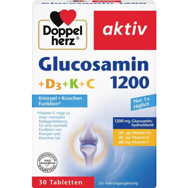 Doppelherz aktiv Glucosamin 1200 + D3 + K + C Tabletten: Цвет: Produktbeschreibung und details Gesunde funktionsfhige Knorpel und Knochen sind eine wichtige Voraussetzung fr einen intakten Bewegungsapparat Ein gesunder Bewegungsapparat ist eine Voraussetzung fr Lebensqualitt in jedem Alter Ausreichende schonende Bewegung sowie gesunde Ernhrung knnen hierzu einen Beitrag leistenDeshalb ist es wichtig auf eine bedarfsgerechte Versorgung an Nhrstoffen zu achten die die Bildung von Kollagen untersttzen und zum Erhalt normaler Knochen und zu einer normalen Muskel und Knorpelfunktion beitragen Doppelherz Glucosamin  enthlt Vitamin C Vitamin E Vitamin K und Vitamin D Zustzlich enthalten ist  mg Glucosaminhydrochlorid  in nur  Tablette Vitamin C trgt zur normalen Kollagenbildung und damit fr eine normale Funktion von Knorpeln und Knochen bei Die Vitamine K und D leisten einen Beitrag zum Erhalt normaler Knochen Vitamin D untersttzt den Erhalt der normalen Muskelfunktion Es leistet einen Beitrag fr die normale Verwertung von Calcium und fr einen normalen Calciumspiegel im Blut Vitamin E und Vitamin C tragen dazu bei die Zellen vor oxidativem Stress zu schtzen Lebensmittelunternehmer Name Queisser Pharma GmbH ampamp Co KG Adresse Schleswiger Str  D Flensburg wwwdoppelherzde UrsprungslandHerkunftsort Deutschland Rechtlich vorgeschriebene Produktbezeichnung Tabletten mit Glucosaminhydrochlorid und Vitaminen Nahrungsergnzungsmittel Zutaten Glucosaminhydrochlord aus Bestandteilen von GARNELEN LAscorbinsure Fllstoff Polyvinylpyrrolidon Fllstoff Cellulosepulver berzugsmittel Hydroxypropylmethylcellulose Trennmittel Siliciumdioxid Trennmittel Magnesiumsalze der Speisefettsuren Fllstoff vernetzte Carboxymethylcellulose Trennmittel Magnesiumhydroxidcarbonat Farbstoff Calciumcarbonat Trennmittel Talkum Fllstoff Hydroxypropylcellulose berzugsmittel Polyethylenglycol Fllstoff mikrokristalline Cellulose DLalphaTocopherylacetat Phytomenadion Cholecalciferol Nhrwerte Durchschnittliche Nhrwertangaben pro  Portion  Tablette Tagesdosis Referenzwert Nhrstoffbezugswerte gem EUVerordnung  NRV Vitamin D  g   Vitamin E  mg   Vitamin K  g   Vitamin C  mg   Anwendung und Gebrauch Tglich  Tablette zu einer Mahlzeit mit ausreichend Flssigkeit unzerkaut einnehmen Die Tabletten knnen bei Bedarf auch in zwei Hlften zerteilt werden Gebrauch Aufbewahrung und Verwendung Aufbewahrungs und Verwendungsbedingungen Trocken und nicht ber  C lagern Fr kleine Kinder unzugnglich aufbewahren Warnhinweise und wichtige Hinweise Warnhinweise Die angegebene empfohlene tgliche Verzehrsmenge darf nicht berschritten werden Nahrungsergnzungsmittel sind kein Ersatz fr eine ausgewogene und abwechslungsreiche Ernhrung und eine gesunde Lebensweise Bei Verbrauchern mit eingeschrnkter Glucosetoleranz wird eine berwachung des Blutzuckerspiegels und des Insulinbedarfs empfohlen Verbraucher die mit CumarinAntikoagulantien behandelt werden sollten das Produkt nur nach Rcksprache mit dem Arzt anwenden Die Blutgerinnung sollte sorgfltig berwacht werden Mangels ausreichender Datenlage sollten Schwangere Stillende Kinder und Jugendliche auf eine Anwendung verzichten
https://www.rossmann.de/de/gesundheit-doppelherz-aktiv-glucosamin-1200--d3--k--c-tabletten/p/4009932133530