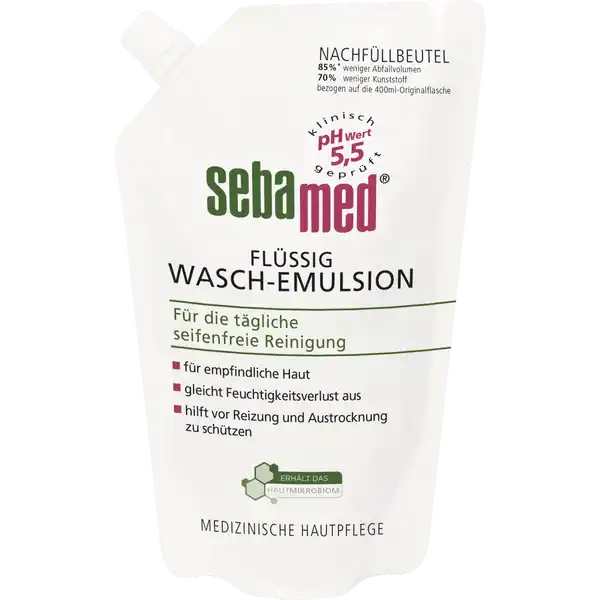 sebamed Nachfllbeutel Flssig WaschEmulsion: Цвет: Produktbeschreibung und details Seifenfreie Reinigung fr empfindliche und problematische HautEin Reinigungskomplex mit besonders milden Waschaktivsubstanzen reinigt die empfindliche Haut und hilft die Haut vor Reizung und Austrocknung zu schtzen Ein Pflegekomplex mit Pentavitin Glycerin und Panthenol gleicht Feuchtigkeitsverlust aus Der pHWert  untersttzt den natrlichen Hautschutzmantel und macht sie widerstandsfhiger Hervorragende Eignung fr empfindliche und problematische Haut dermatologischklinisch getestet Bei Hauterkrankungen und Seifenverbot nach Rcksprache mit dem Arzt Kontaktdaten Sebapharma GmbH ampamp Co KG Binger Strae   Boppard wwwsebamedde UrsprungslandHerkunftsort Deutschland Inhaltsstoffe Aqua Sodium C Olefin Sulfonate Sodium Laureth Sulfate Disodium Laureth Sulfosuccinate Sodium Chloride Laureth Panthenol Glycol Distearate Parfum Saccharide Isomerate Allantoin Niacinamide Pyridoxine HCl Glycine Magnesium Aspartate Alanine Lysine Leucine Biotin Glycerin Sodium Lauroyl Glutamate Citric Acid Cocamidopropyl Betaine Sorbitan Laurate PEG Methyl Glucose Dioleate Phenoxyethanol Sodium Benzoate CI  CI
https://www.rossmann.de/de/pflege-und-duft-sebamed-nachfuellbeutel-fluessig-wasch-emulsion/p/4103040524010