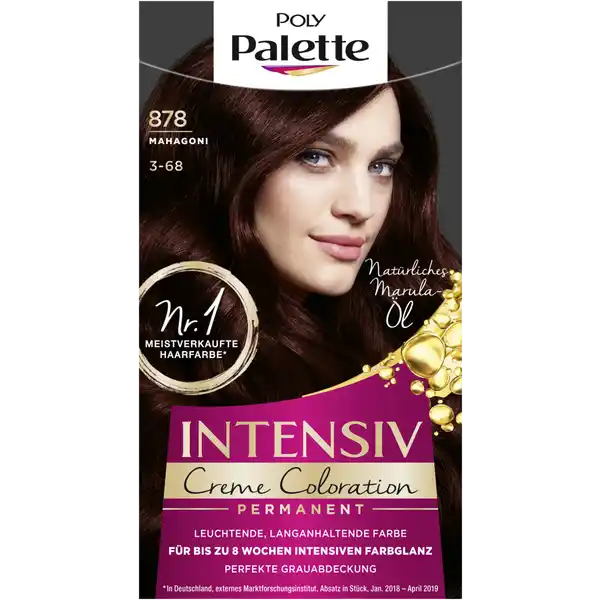 Poly Palette Intensiv Creme Coloration 878 Mahagoni: Цвет: Produktbeschreibung und details Die reichhaltige ColorCreme mit len lsst die hochkonzentrierten Farbpigmente tief in das Haarinnere eindringen und versiegelt sie im Haar Fr eine besonders ausdrucksstarke und langanhaltende Farbe bis zu  Wochen Unsere verwhnende Pflegemaske mit natrlichem Marulal glttet die Haaroberflche uns sorgt fr atemberaubenden Glanz Unsere speziell entwickelte Formel sorgt fr wundervolle Farbergebnisse  vom Ansatz bis in die Spitzen leuchtende langanhaltende Farbe fr bis zu  Wochen intensiven Farbglanz  Grauabdeckung mit natrlichem Marulal Kontaktdaten Schwarzkopf ampamp Henkel GmbH D Dsseldorf     Anwendung und Gebrauch  Fllen Sie den Inhalt der pflegenden ColorCreme in die Anwendungsflasche mit der Entwickleremulsion und schtteln Sie diese krftig  Verteilen Sie die Mischung mit der Anwendungsflasche auf dem trockenen Haar und lassen Sie diese  Minuten einwirken  Splen Sie die Mischung mit lauwarmen Wasser gut aus bis das Wasser klar ist Wenden Sie anschlieend den beiliegenden reichhaltigen PflegeConditioner an Die genau Anwendung entnehmen Sie bitte der Packungsbeilage Bitte Gebrauchsanweisung beachten Inhaltsstoffe ColorCreme Aqua WaterEau Cetearyl Alcohol Ammonium Hydroxide Glyceryl Stearate SE Prunus Amygdalus Dulcis Sweet Almond Oil Ceteareth Octyldodecanol TolueneDiamine Sulfate Sodium Laureth Sulfate Ethanolamine Sodium Cetearyl Sulfate Parfum Fragrance Sodium Sulfite Oleic Acid Resorcinol AminoHydroxypyridine Glycerin Methylresorcinol Etidronic Acid Carbomer mAminophenol Potassium Hydroxide Linalool Ascorbic Acid Serine AminoHydroxytoluene Sodium Sulfate Geraniol Citronellol Limonene Benzoic Acid Entwickleremulsion Aqua WaterEau Hydrogen Peroxide Cetearyl Alcohol PEG Castor Oil Etidronic Acid Sodium Cetearyl Sulfate Dicarboxypyridine Disodium Pyrophosphate Potassium Hydroxide Sodium Benzoate PflegeConditioner Aqua WaterEau Cetearyl Alcohol Quaternium Propylene Glycol Isopropyl Myristate Distearoylethyl Hydroxyethylmonium Methosulfate Citric Acid Phenoxyethanol Stearamidopropyl Dimethylamine Polyquaternium Ceteareth Glyceryl Stearate Sodium Methylparaben Dicaprylyl Carbonate Parfum Fragrance Linalool Limonene Hexyl Cinnamal Benzyl Salicylate Lauryl Glucoside Citronellol Benzyl Alcohol Warnhinweise und wichtige Hinweise Warnhinweise Haarfrbemittel knnen schwere allergische Reaktionen hervorrufen Bitte folgende Hinweise lesen und beachten Dieses Produkt ist nicht fr Personen unter  Jahren bestimmt Temporre Ttowierungen mit schwarzem Henna knnen das Allergierisiko erhhen Frben Sie Ihr Haar nicht wenn Sie einen Ausschlag im Gesicht haben oder wenn Ihre Kopfhaut empfindlich gereizt oder verletzt ist wenn Sie schon einmal nach dem Frben Ihrer Haare eine Reaktion festgestellt haben wenn eine temporre Ttowierung mit schwarzem Henna bei Ihnen schon einmal eine Reaktion verursacht hat Enthlt Phenylendiamine Toluylendiamine Wasserstoffperoxid und Resorcin und Ammoniak Vollstndige Inhaltsstoffdeklaration siehe Packungsboden Nicht zur Frbung von Wimpern und Augenbrauen verwenden Nach Anwendung die Harre gut splen Kontakt mit den Augen vermeiden Sofort aussplen falls das Erzeugnis mit den Augen in Berhrung gekommen ist Geeignete Handschuhe tragen Nur uerlich anwenden Darf nicht in die Hnde von Kindern gelangen Fhren Sie einen Allergieverdachtstest  Stunden vor jeder Anwendung einer Haarcoloration durch siehe Gebrauchsanweisung auch wenn Sie schon frher Haarcolorationen angewendet haben Daher denken Sie bitte daran das Produkt  Stunden vor der Anwendung zu kaufen Falls hiebei eine Hautvertrglichkeit auftritt oder Zweifel bestehen fragen Sie bitte einen Hautarzt bevor Sie eine Haarcoloration anwenden
https://www.rossmann.de/de/pflege-und-duft-poly-palette-intensiv-creme-coloration-878-mahagoni/p/4015100329865