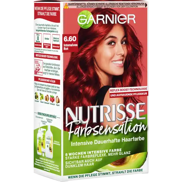 Garnier Nutrisse Farbsensation 6.60 Intensives Rot: Цвет: Produktbeschreibung und details Garnier Nutrisse FarbSensation Nr  IntensivRot verleiht dem Haar seidig strahlenden Glanz und ein sattes intensives Rot Das Ergebnis ist ein extra lebendiges Rot mit einem harmonischen Farbverlauf das  Wochen lang farbintensiv strahltBesonders angenehm ist die einfache Anwendung der Coloration Dank der CremeTextur tropft sie nicht und lsst sich gleichmig ins Haar einarbeiten Dabei versorgt sie das Haar intensiv mit Pflege denn die Formel ist mit  Fruchtlen angereichert Olive SheaNuss Avocado und Cranberry nhren das Haar in der Tiefe Mit dem fruchtigen Duft wird das Colorieren zu einem sinnlichen Erlebnis Kontaktdaten wwwgarnierde UrsprungslandHerkunftsort Belgien Anwendung und Gebrauch Kleidung mit einem alten Handtuch abdecken Einweghandschuhe anziehen und die Farbe in der beiliegenden Flasche entsprechend der Gebrauchsanweisung mischenDie fertige Mischung nun direkt auf das trockene Haar entlang des Scheitels auftragen und mit Fingern vom Ansatz aus verteilenDie Farbe einwirken lassen und anschlieend mit warmem Wasser aussplen Verzichten Sie hierbei auf Shampoo Zur Pflege Ihrer Haare liegt eine Farbschutzpflege bei Diese verschliet die Haarfasern  fr eine optimale Farbintensitt und Pflege Massieren Sie die Farbschutzpflege gleichmig ein und splen Sie Ihr Haar nach zwei Minuten wieder ausDie Pflegekur einmassieren und nach  Minuten wieder aussplen Gebrauch Aufbewahrung und Verwendung Aufbewahrungs und Verwendungsbedingungen Khl und trocken lagern Inhaltsstoffe quot  ColorationsCreme  INGREDIENTS AQUA  WATER  CETEARYL ALCOHOL  DECETH  PROPYLENE GLYCOL  LAURETH  AMMONIUM HYDROXIDE  OLETH  LAURIC ACID  HEXADIMETHRINE CHLORIDE  GLYCOL DISTEARATE HYDROXYETHYL DIAMINO PYRAZOLE SULFATE  ETHANOLAMINE  POLYQUATERNIUM  SILICADIMETHYL SILYLATE NANO  SILICA DIMETHYL SILYLATE  AMINOHYDROXYTOLUENE  CI  TITANIUM DIOXIDE  AMINOCHLOROoCRESOL  pAMINOPHENOL  ASCORBIC ACID  TOCOPHEROL SODIUM METABISULFITE  THIOGLYCERIN  TOLUENEDIAMINE  HELIANTHUS ANNUUS SEED OIL SUNFLOWER SEED OIL  DIMETHICONE  CARBOMER  ROSMARINUS OFFICINALIS ROSEMARY EXTRACT EDTA  VITIS VINIFERA SEED OIL  GRAPE SEED OIL  PARFUM  FRAGRANCE FIL Cquotquot  Entwicklermilch  INGREDIENTS AQUA  WATER  HYDROGEN PEROXIDE  CETEARYL ALCOHOL  TRIDECETH CARBOXAMIDE MEA CETEARETH  GLYCERIN  TETRASODIUM ETIDRONATE  TETRASODIUM PYROPHOSPHATE SODIUM SALICYLATE  PHOSPHORIC ACID  PARFUM  FRAGRANCE FIL Cquotquot E  PflegekurCreme  INGREDIENTS AQUA  WATER  CETEARYL ALCOHOL  DIMETHICONE  GLYCERIN  BEHENTRIMONIUM CHLORIDE  OLEA EUROPAEA FRUIT OIL  OLIVE FRUIT OIL  ARGANIA SPINOSA KERNEL OIL  VACCINIUMMACROCARPON CRANBERRY SEED OIL  HELIANTHUS ANNUUS SEED OIL  SUNFLOWER SEED OIL ROSMARINUS OFFICINALIS LEAF EXTRACT  ROSEMARY LEAF EXTRACT  PERSEA GRATISSIMA OIL AVOCADO OIL  BUTYROSPERMUM PARKII BUTTER  SHEA BUTTER  AMODIMETHICONE  ISOPROPYLALCOHOL  CAPRYLYL GLYCOL  CITRIC ACID  LACTIC ACID  TOCOPHEROL  SODIUM BENZOATE CETRIMONIUM CHLORIDE  LINALOOL  BENZYL ALCOHOL  PARFUM  FRAGRANCE FIL Cquot Warnhinweise und wichtige Hinweise Warnhinweise ACHTUNG Haarfrbemittel knnen allergische Reaktionen hervorrufen Temporre Ttowierungen mit schwarzem Henna knnen das Allergierisiko erhhen Frben Sie Ihr Haar nicht wenn Sie einen Ausschlag im Gesicht haben oder wenn Ihre Kopfhaut empfindlich gereizt oder verletzt ist wenn Sie schon einmal nach dem Frben Ihres Haares eine Reaktion festgestellt haben wenn eine temporre Ttowierung mit schwarzem Henna bei Ihnen schon einmal eine Reaktion verursacht hat Das nicht beachten einer vorliegenden Allergie kann lebensbedrohlich sein Es ist unbedingt erforderlich einen Allergieverdachtstest  Stunden vor jeder Anwendung des Produkts durchzufhren auch wenn Sie Haarfarben bereits frher verwendet haben Denken Sie deshalb daran das Produkt  Stunden vorher zu kaufen Gebrauchsanweisung beachten Bei einer Reaktion oder falls sie Fragen zur persnlichen Vertrglichkeit haben wenden Sie sich vor Anwendung einer Haarfarbe an einen Arzt
https://www.rossmann.de/de/pflege-und-duft-garnier-nutrisse-farbsensation-660-intensives-rot/p/3600541043046