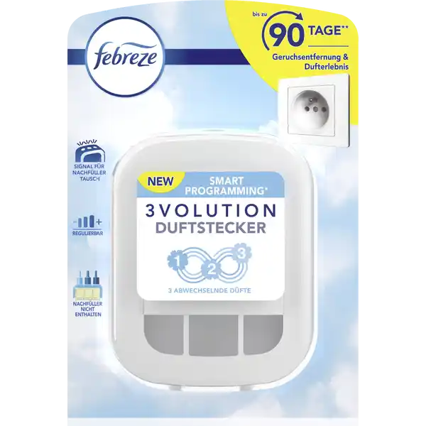 febreze 3Volution Duftstecker: Цвет: Produktbeschreibung und details Der Febreze Volution Duftstecker befreit die Luft kontinuierlich von Gerchen und wechselt zwischen  sich ergnzenden Dften fr lang anhaltende Frische bis zu  Tage Bei anderen Duftsteckern gewhnt sich die Nase schnell an den stets gleichen Duft und wird geruchsblindquot so dass der Duft nach einiger Zeit gar nicht mehr wahrgenommen wird Der Febreze Volution Duftstecker lst dieses Problem da er alle  Minuten automatisch zwischen  sich ergnzenden hochwertigen Dften wechselt und damit ein kontinuierliches Frischeerlebnis schafft Verwenden Sie den Febreze Volution Nachfllflakon mit dem Febreze Volution Duftstecker um Ihrem Zuhause einen frischen Duft zu verleihen den Sie Tag fr Tag und Woche fr Woche wahrnehmen Mit dem regulierbaren Duftstecker knnen Sie die Duftintensitt so einstellen wie es Ihnen angenehm erscheint Damit schaffen Sie ein frisches Ambiente das Sie  Tage lang genieen knnen Erleben Sie die Frische und probieren Sie auch die anderen Febreze Produkte mit der einzigartigen Technologie zur Geruchsentfernung aus z B Febreze Textilerfrischer sowie Luft und Auto Lufterfrischer Febreze Volution Duftstecker entfernt Gerche und wechselt zwischen  sich gegenseitig ergnzenden Dften fr eine lang anhaltende Frische hlt bis zu  Tage bei Verwendung fr  Std pro Tag bei niedriger Einstellung regulierbare Duftintensitt Volution wechselt alle  Minuten zwischen sich gegenseitig ergnzenden Dften fr wahrnehmbare Frische Febreze Duftstecker fr Ihr Zuhause in einem breiten Sortiment hochwertiger Dfte erhltlich bei h Verwendung pro Tag auf niedriger Intensittsstufe Kontaktdaten Procter ampamp Gamble International Operations SA  route de SaintGeorges  PetitLancy Switzerland wwwfebrezede  wwwinfopgcom   UrsprungslandHerkunftsort Spanien Anwendung und Gebrauch Die Anwendung ist ganz einfach In die Steckdose stecken und ins Dufterlebnis eintauchen Mit dem regulierbaren Duftstecker knnen Sie die Duftintensitt so einstellen wie es Ihnen angenehm erscheint Warnhinweise und wichtige Hinweise Warnhinweise Wenn die Flakons leer sind den Duftstecker aus der Steckdose entfernen und Nachfller austauschen Nachfller immer aufrecht halten Nur nach Anleitung verwenden ber dem Duftstecker mind  cm Abstand halten Nicht verdecken oder hinter einem Vorhang platzieren Nicht mit Verlngerungskabel oder an Mehrfachsteckdosen verwenden VOR GEBRAUCH DIESE WICHTIGEN SICHERHEITSHINWEISE LESEN UND AUFBEWAHREN ALS REFERENZ Personen die auf Duftstoffe empfindlich reagieren sollten dieses Produkt mit Vorsicht verwenden Nach Anwendung Raumlften Hinweise zur Elektrogerte und Batterieentsorgung Hinweise zur Entsorgung von Elektrogerten und Batterien httpswwwrossmanndedeserviceundhilfeelektrogesetzbatteriegesetz
https://www.rossmann.de/de/haushalt-febreze-3volution-duftstecker/p/8001090839305