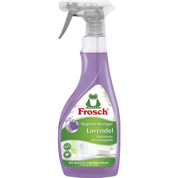 Frosch Hygiene-Reiniger Lavendel: Цвет: https://www.rossmann.de/de/haushalt-frosch-hygiene-reiniger-lavendel/p/4001499961533
Produktbeschreibung und details Der Frosch Lavendel HygieneReiniger sorgt fr eine natrlich kraftvolle und hygienische Reinigung von abwischbaren Oberflchen insbesondere in Bad und WC Seine leistungsstarke Rezeptur entfernt den Nhrboden von Bakterien und lst Schmutzablagerungen Seifenreste Wasserflecken und Kalk Der Frosch Lavendel HygieneReiniger befreit die Wohnung auerdem von unangenehmen Gerchen und hinterlsst einen angenehm frischen Lavendelduft mikroplastikfrei mit europischen Tensiden Kontaktdaten Werner ampamp Mertz GmbH  Mainz wwwfroschde  UrsprungslandHerkunftsort Deutschland Anwendung und Gebrauch Dse drehen bis SprhsymbolquotONquot oben steht Aufsprhen kurz einwirken lassen und nass sauber wischen ggf mit trockenem Tuch polieren Nicht anwenden auf sureempfindlichen Materialien wie zB Marmor Terrazzo Naturstein empfindlichen Kunststoffen versilberten vergoldeten oder lackierten Armaturen sowie emaillierten Badewannen Auf empfindlichen Materialien vorab an unaufflliger Stelle prfen Armaturen grndlich nachsplen und trockenwischen Inhaltsstoffe amplt   anionische Tenside Duftstoffe Weitere Inhaltsstoffe Lavendell Kosmetikfarbstoffe Warnhinweise und wichtige Hinweise Warnhinweise Auer Reichweite von Kindern aufbewahren Sprhnebel nicht einatmen Bei empfindlicher Haut Gummihandschuhe tragen Nicht fr die Reinigung grerer Flschen bestimmt Zum Nachfllen der Flasche Sprhkopf abschrauben Behlter nut vllig restentleert der Wertstoffsammlung zufhren