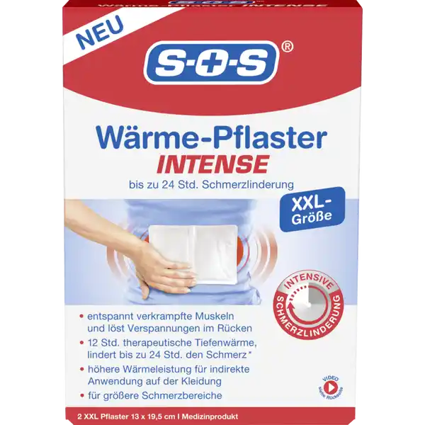 SOS WrmePflaster Intense: Цвет: https://www.rossmann.de/de/gesundheit-sos-waerme-pflaster-intense/p/4036581531905
Produktbeschreibung und details Das SOS WrmePflaster Intense wurde speziell fr grere Schmerzbereiche entwickelt Das SOS KammerSystem arbeitet wie ein groer Wrmespeicher der in der Tiefe wirkt und Verspannungen lst Das SOS WrmePflaster Intense spendet  Stunden gleichmige therapeutische Tiefenwrme und lindert Muskel und Gelenkschmerzen bis zu  Stunden Auch Gelenkschmerzen mit Steifheit knnen durch die wohltuende Wrmewirkung positiv beeinflusst werden Das XXLPflaster enthlt eine Mischung aus Aktivkohle und Eisenpulver die sich bei Kontakt mit Sauerstoff erwrmt Das SOS WrmePflaster Intense zeichnet sich durch eine hohe Wrmeleistung aus Deshalb darf es nur indirekt auf der Kleidung angewandt werden  ideal fr sensible und empfindliche Haut Gleichzeitig bietet es maximale Bewegungsfreiheit und einen hohen Tragekomfort Das SOS WrmePflaster Intense ist durch seine XXLGre zur Anwendung bei Schmerzen und Verspannungen im unteren Rckenbereich bestimmt Die therapeutische Tiefenwrme des WrmePflasters Intense dauert  Stunden Danach kanndie Wirkung fr weitere  Sunden anhalten  fr insgesamt bis zu  Stunden Schmerzlinderung Mae ca  x  cm Kontaktdaten Districon GmbH BessieColemanStrae  D Frankfurt wwwsosde Anwendung und Gebrauch Das Sachet mit dem WrmePflaster mit der Hand ffnen nicht einschneiden und das WrmePflaster entnehmen Vorsichtig die Schutzstreifen entfernen ber dem schmerzhaften Bereich auf die Kleidung Unterwsche aufkleben Das WrmePflaster wird innerhalb einer Minute aktiviert und erwrmt sich innerhalb von  Minuten nachdem das Sachet geffnet wurde Nach dem Gebrauch langsam das WrmePflaster abziehen Inhaltsstoffe Eisen Aktivkohle und Wasser Warnhinweise und wichtige Hinweise Warnhinweise Bei falscher Anwendung kann das WrmePflaster auch bei niedriger Temperatur zu Brandwunden fhren Damit kein Risiko einer Bildung von Brandwunden entsteht Tragen Sie das WrmePflaster niemals direkt auf der Haut sondern bringen Sie es immer von auen auf Unterwsche oder Kleidung auf Ermglichen Sie die Zirkulation von Luft ber dem WrmePflaster und wenden Sie keinen Druck an beispielsweise indem Sie auf dem WrmePflaster liegen oder sitzen oder eng anliegende Kleidung  Grtel ber dem WrmePflaster tragen Falls das WrmePflaster Intense unangenehm hei wird beenden Sie die Anwendung sofort Das WrmePflaster Intense nicht whrend des Schlafs verwenden Nicht verwenden an einer anderen Krperstelle als dem Rckenbereich Konformittserklrung Konformittserklrung Laden Sie das Dokument zum Produkt als PDF herunter