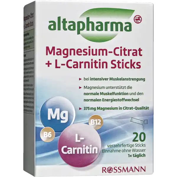altapharma Magnesium-Citrat + L-Carnitin Sticks: Цвет: https://www.rossmann.de/de/gesundheit-altapharma-magnesium-citrat--l-carnitin-sticks/p/4305615617251
Produktbeschreibung und details altapharma MagnesiumCitrat  LCarnitin Sticks Magnesium ist ein essentieller Mineralstoff der die normale Muskelfunktion sowie die normale Funktion des Nervensystems untersttzt Zudem trgt er zum Elektrolythaushalt bei Insbesondere bei hoher krperlicher Aktivitt wie zB Sport ist eine zustzliche Versorgung mit Magnesium empfehlenswert LCarnitin wird im Krper selbst gebildet und ist ein natrlicher Baustein im Energiestoffwechsel LCarnitin transportiert Fettsuren in die Mitochondrien die Brennfen der Zellen wo aus den Fettsuren Energie gewonnen werden kann Vitamin B untersttzt die normale Funktion des Nervensystems trgt zu einem normalen Energiestoffwechsel bei und leistet einen Beitrag zur Verringerung von Mdigkeit und Ermdung bei Vitamin B trgt zustzlich zur normalen psychischen Funktion und gesundem Immunsystem bei Das Produkt enthlt MagnesiumCitrat als Magnesiumquelle MagnesiumCitrat ist das Magnesiumsalz der Zitronensure und stellt eine krperfreundliche Form des Magnesiums dar da es in gleicher Form direkt im Krper vorkommt Altapharma MagnesiumCitrat  LCarnitin Sticks sind ideal fr unterwegs bei intensiver Muskelanstrengung Magnesium untersttzt die normale Muskelfunktion und den normalen Energiestoffwechsel  mg Magnesium in CitratQualitt Lebensmittelunternehmer Name Dirk Rossmann GmbH Adresse Isernhgener Strae   Burgwedel wwwrossmannde UrsprungslandHerkunftsort Deutschland Rechtlich vorgeschriebene Produktbezeichnung Nahrungsergnzungsmittel mit Magnesium LCarnitin und den Vitaminen B und B Mit Zucker und Sungsmitteln Zutaten Trimagnesiumcitrat Dextrose LCarnitin  Suerungsmittel Citronensure und Weinsure L Aroma Trennmittel Magnesiumsalze der Speisefettsuren Sungsmittel Aspartam und Acesulfam K Vitamin B Vitamin B Laktosefrei glutenfrei Nhrwerte Durchschnittliche Nhrwertangaben pro  g pro  Portion pro Tagesdosis  g Energie  kj   kcal  kj   kcal Fett amplt  g amplt  g davon  gesttigte Fettsuren  g amplt  g Kohlenhydrate  g  g davon  Zucker  g  g Eiwei amplt  g amplt  g davon  LCaritin  mg Salz  g  g NRV Magnesium  mg   Vitamin B  mg   Vitamin B  g   Anwendung und Gebrauch Den Inhalt des Sticks  pro Tag portionsweise direkt auf die Zunge geben Die Einnahme erfolgt ohne Wasser Gebrauch Aufbewahrung und Verwendung Aufbewahrungs und Verwendungsbedingungen Trocken vor Wrme und Licht geschtzt aufbewahren Warnhinweise und wichtige Hinweise Warnhinweise Enthlt Sungsmittel Die angegebene empfohlene tgliche Verzehrsmenge darf nicht berschritten werden Nahrungsergnzungsmittel stellen keinen Ersatz fr eine abwechslungsreiche und ausgewogene Ernhrung sowie eine gesunde Lebensweise dar Auerhalb der Reichweite von kleinen Kindern lagern Nicht fr Kinder geeignet Enthlt eine Phenylalaninquelle Der gleichzeitige Verzehr von Lebensmitteln mit hohem Magnesiumgehalt kann abfhrend wirken Personen mit Nierenerkrankungen sollten vor dem Verzehr einen Arzt befragen