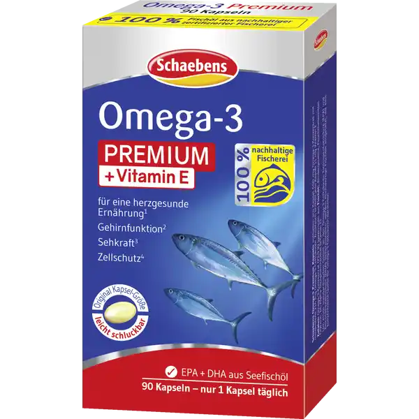 Schaebens Omega-3 Premium +Vitamin E Kapseln: Цвет: https://www.rossmann.de/de/gesundheit-schaebens-omega-3-premium-vitamin-e-kapseln/p/4003573288505
Produktbeschreibung und details fr eine herzgesunde Ernhrung Gehirnfunktion Sehkraft Zellschutz enthlt essentielle und mehrfach ungesttigte OmegaFettsure aus hochwertigem Seefisch und Lachsl leicht schluckbar durch besonders kleine SoftgelKapsel auch fr Kinder ab  Jahren gut geeignet Die heutige Ernhrungsweise ist in vielen Industrienationen unausgewogen Der hektische Alltag fhrt oft dazu dass zu viel gesttigte Fettsuren tierische Fette oder Cholesterin ber die Nahrung aufgenommen werden Der Anteil an ungesttigten OmegaFettsuren ist meistens zu gering Durch  bis  Fischmahlzeiten pro Woche knnte der Bedarf abgedeckt werden Da dies nicht immer mglich ist ist es sinnvoll die Ernhrung mit den hochwertigen OmegaFettsuren zu ergnzen Die Schaebens Omega Premium SoftgelKapseln enthalten die vornehmlich in Kaltwasserfischen vorkommende Eicosapentaensure EPA und Docosahexaensure DHA Diese gehren zu den essentiellen OmegaFettsuren die mit der Nahrung zugefhrt werden sollten Essentiell deshalb weil der Krper sie nicht selbst bilden kann um den OmegaSpiegel aufrechtzuerhalten Schaebens Omega Premium Kapseln enthalten pro Kapsel  mg OmegaKonzentrat mit mindestens  mg OmegaFettsuren Zustzlich enthlt jede Kapsel  mg Vitamin E Um einen standardisierten Gehalt an den OmegaFettsuren Eicosapentaensure EPA und Docosahexaensure DHA sicherzustellen werden neben Lachsl andere hochwertige Fischle eingesetzt die eine konzentrierte Quelle fr OmegaFettsuren darstellen Die in der OmegaFormel enthaltene EPA und DHA tragen zu einer normalen Herzfunktion bei Die positive Wirkung zur Herzfunktion wird mit einer tglichen Aufnahme von  mg EPA und DHA erreicht DHA trgt zur Erhaltung einer normalen Gehirnfunktion bei DHA trgt zur Erhaltung einer normalen Sehkraft bei Die positiven Wirkungen zur Gehirnfunktion und zur Sehkraft werden bei einer tglichen Aufnahme von  mg DHA erreicht Zustzlich enthlt jede SoftgelKapsel das antioxidative Vitamin E Vitamin E trgt dazu bei die Zellen vor oxidativem Stress zu schtzen Lebensmittelunternehmer Name Schaebens Adresse  Frechen Germany wwwschaebensde UrsprungslandHerkunftsort Deutschland Rechtlich vorgeschriebene Produktbezeichnung Nahrungsergnzungsmittel mit OmegaFettsuren und Vitamin E Zutaten OmegaKonzentrat  gewonnen aus FISCH   und LACHSL  Rindergelatine Feuchthaltemittel Glycerin DLAlphaTocopherolacetat Vitamin E Nhrwerte Durchschnittliche Nhrwertangaben pro  Portion  Kapsel NRV Vitamin E  mg   Anwendung und Gebrauch Tglich  Kapsel vor einer Mahlzeit unzerkaut mit etwas Flssigkeit schlucken Gebrauch Aufbewahrung und Verwendung Aufbewahrungs und Verwendungsbedingungen Khl trocken und vor Licht geschtzt aufbewahren Warnhinweise und wichtige Hinweise Warnhinweise Die angegebene empfohlene tgliche Verzehrsmenge darf nicht berschritten werden Nahrungsergnzungsmittel knnen eine ausgewogene abwechslungsreiche Ernhrung und eine gesunde Lebensweise nicht ersetzen Auerhalb der Reichweite von kleinen Kindern aufbewahren