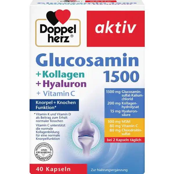 Doppelherz aktiv Glucosamin 1500 + Kollagen + Hyaluron + Vitamin C Kapseln: Цвет: Produktbeschreibung und details Unser Bewegungsapparat mit seinen Gelenken Knorpeln Sehnen und Bndern wird jeden Tag gefordert Ein gesunder Bewegungsapparat ist eine Voraussetzung fr Lebensqualitt in jedem Alter Dafr ist unter anderem neben schonender krperlicher Aktivitt auch eine gute Versorgung des Bewegungsapparates mit Nhrstoffen aus der Nahrung wichtig Um widerstandsfhig und elastisch zu bleiben werden Nhrstoffe wie zum Beispiel das Vitamin C und K bentigt ber die Synovia Gelenkflssigkeit gelangen die Nhrstoffe in den Knorpel  allerdings nur durch eine Be und Entlastung des Gelenks Jetzt wird deutlich warum Bewegung und die richtige Ernhrung unerlsslich fr die Gesundheit der Gelenke ist Vitamin C trgt zu einer normalen Kollagenbildung fr eine normale Knorpel und Knochenfunktion beiDarber hinaus leistet es einen Beitrag zum Schutz der Zellen vor oxidativem Stress Vitamin K und Vitamin D tragen zum Erhalt normaler Knochen beiDarber hinaus leistet Vitamin D einen Beitrag zu einer normalen Muskelfunktion Glucosamin und Chondroitin sind tierischen Ursprungs MSM Methylsulfonylmethan enthlt organischen Schwefel Schwefel ist ein Bestandteil vieler krpereigener Stoffe wie beispielsweise von Enzymen und schwefelhaltigen Aminosuren Kollagen ist ein Bestandteil von Knorpel Knochen und Sehnen Lebensmittelunternehmer Name Queisser Pharma GmbH ampamp Co KG Adresse Schleswiger Str  D Flensburg wwwdoppelherzde UrsprungslandHerkunftsort Deutschland Rechtlich vorgeschriebene Produktbezeichnung Kapseln mit GlucosaminsulfatKaliumchlorid Kollagenhydrolysat Chondroitinsulfat Hyaluronsure Methylsulfonylmethan MSM Vitamin C D und K  Nahrungsergnzungsmittel Zutaten GlucosaminsulfatKaliumchlorid aus Bestandteilen von GARNELEN  Gelatine Rind Kollagenhydrolysat Methylsulfonylmethan LAscorbinsure Chondroitinsulfat Rind Farbstoff Calciumcarbonat Trennmittel Magnesiumsalze der Speisefettsuren Natriumhyaluronat Cholecalciferol Phytomenadion Nhrwerte Durchschnittliche Nhrwertangaben pro  Portion Tagesdosis Referenzwert Nhrstoffbezugswerte gem EUVerordnung  NRV Vitamin D  g   Vitamin K  g   Vitamin C  mg   Anwendung und Gebrauch Tglich  Kapseln zu einer Mahlzeit mit ausreichend Flssigkeit unzerkaut einnehmen Gebrauch Aufbewahrung und Verwendung Aufbewahrungs und Verwendungsbedingungen Trocken und nicht ber  C lagern Fr kleine Kinder unzugnglich aufbewahren Warnhinweise und wichtige Hinweise Warnhinweise Die angegebene empfohlene tgliche Verzehrsmenge darf nicht berschritten werden Nahrungsergnzungsmittel sind kein Ersatz fr eine ausgewogene und abwechslungsreiche Ernhrung und eine gesunde Lebensweise Bei Verbrauchern mit eingeschrnkter Glucosetoleranz wird eine berwachung des Blutzuckerspiegels und des Insulinbedarfs empfohlen Verbraucher die mit CumarinAntikoagulantien behandelt werden sollten das Produkt nur nach Rcksprache mit dem Arzt anwenden Die Blutgerinnung sollte sorgfltig berwacht werden Mangels ausreichender Datenlage sollten Schwangere Stillende Kinder und Jugendliche auf eine Anwendung verzichten
https://www.rossmann.de/de/gesundheit-doppelherz-aktiv-glucosamin-1500--kollagen--hyaluron--vitamin-c-kapseln/p/4009932134360