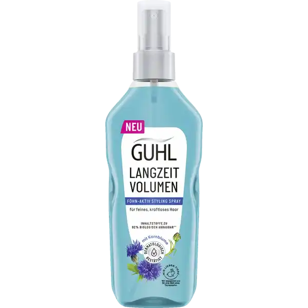 Guhl Langzeit Volumen FhnAktiv Styling Spray: Цвет: Produktbeschreibung und details Guhl Langzeit Volumen  Die umweltschonende Serie fr krftiges voluminses Haar Die Langzeit Volumen Serie mit Formulierung aus Kornblumenextrakt und pflanzlichem Kollagen stabilisiert und krftigt das Haar und schenkt lebendiges Haarvolumen Die silikonfreie Serie berzeugt mit veganer Rezeptur voller natrlicher biologisch abbaubarer Inhaltsstoffe und recycelten Verpackungsmaterialien Hergestellt in Deutschland und ohne Inhaltsstoffe tierischen Ursprungs versorgen die Langzeit Volumen Produkte das Haar umweltfreundlich und nachhaltig mit Flle und Volumen Echte Qualitt der du vertrauen kannst so dass du deinen Wohlfhlmoment unbeschwert genieen kannst Das ist Guhl Seit ber  Jahren nutzen sie ihre Expertise ampamp Leidenschaft und kreieren hochwertige Haarpflegeprodukte auf die du dich verlassen kannst Guhl sorgt fr sichtbar ampamp sprbar gepflegtes Haar ist dermatologisch besttigt PETA zertifiziert enthlt regionale Inhaltsstoffe und wird in Deutschland hergestellt Augen zu Musik an ampamp genieen Kontaktdaten Guhl Ikebana GmbH D Darmstadt wwwguhlcom    UrsprungslandHerkunftsort Deutschland Anwendung und Gebrauch Vor dem Fhnen auf das Haar sprhen Nicht aussplen Inhaltsstoffe Alcohol Denat Aqua PVP VPVA Copolymer Panthenol Piroctone Olamine Glycerin Glycine Citric Acid Centaurea Cyanus Flower Extract Acacia Senegal Gum Extract Sodium Benzoate Potassium Sorbate Parfum CI  CI  Warnhinweise und wichtige Hinweise Warnhinweise ACHTUNG Entzndbar Nicht in die Augen oder in offene Flammen sprhen
https://www.rossmann.de/de/pflege-und-duft-guhl-langzeit-volumen-foehn-aktiv-styling-spray/p/4072600282441