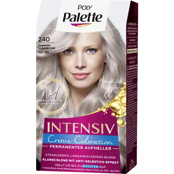 Poly Palette Intensiv Creme Coloration Haarfarbe pudriges Silberblond 240: Цвет: Produktbeschreibung und details Die reichhaltige AufhellerCreme mit len lsst die hochkonzentrierten AufhellPigmente tief in das Haarinnere eindringen und versiegelt sie im Haar Fr eine besonders ausdrucksstarke und langanhaltende Farbe bis zu  Wochen Unsere verwhnende Pflegemaske mit wertvollem natrlichen Marulal glttet die Haaroberflche und sorgt fr atemberaubenden Glanz Unsere speziell entwickelte Formel sorgt fr wundervolle Farbergebnisse  vom Ansatz bis in die Spitzen enthlt  Tube mit ColorCreme  Anwendungsflasche mit Entwicklerlotion  Sachet mit Pflegemaske  Paar Handschuhe strahlendes langanhaltendes Blond klares Blond mit AntiGelbstichEffekt umwerfender Glanz mit Marulal intensiver Aufhellungseffekt hellt um bis zu  Stufen auf permanenter Aufheller dauerhaft haltbar Kontaktdaten Schwarzkopf ampamp Henkel GmbH  Dsseldorf wwwschwarzkopfde    Anwendung und Gebrauch Einfache Anwendung  Fllen Sie den Inhalt der pflegenden ColorCreme in die Anwendungsflasche mit der Entwicklerlotion und schtteln Sie diese krftig  Verteilen Sie die Mischung mit der Anwendungsflasche auf dem trockenen Haar und lassen Sie diese  Minuten einwirken  Splen Sie die Mischung mit lauwarmem Wasser gut aus bis das Wasser klar ist Wenden Sie anschlieend die beiliegende reichhaltige Pflegemaske anDiese Nuance ist fr die folgenden Naturhaarfarben geeignet hellblond mittelblond dunkelblond Diese Nuance wird fr ergrautes Haar nicht empfohlen Inhaltsstoffe ColorCreme Aqua Cetearyl Alcohol Ammonium Hydroxide Coconut Alcohol Sodium Laureth Carboxylate Sodium Myreth Sulfate Ammonium Sulfate Acrylamidopropyltrimonium ChlorideAcrylates Copolymer CocoGlucoside Ceteareth Ceteareth Glyceryl Oleate Paraffinum Liquidum Sodium Sulfite Parfum Sodium Silicate Etidronic Acid Ascorbic Acid Sodium Chloride Citric Acid Linalool Sodium Hydroxide TolueneDiamine Sulfate Phenoxyethanol Hydroxyethyl Diamino Pyrazole Sulfate Methylresorcinol Geraniol Citronellol Limonene BisDiaminophenoxy Propane HCl Resorcinol Diaminophenoxyethanol HCl AminomCresol Methylparaben Ethylparaben AminoHydroxytoluene mAminophenol Entwicklerlotion Aqua Hydrogen Peroxide Cetearyl Alcohol Propylene Glycol Ceteareth Steartrimonium Chloride Paraffinum Liquidum Etidronic Acid Dicarboxypyridine Disodium Pyrophosphate Potassium HydroxideIsopropyl Alcohol Sodium Benzoate Pflegemaske Aqua Cetearyl Alcohol Quaternium Propylene Glycol Sclerocarya Birrea Seed Oil Panthenol Isopropyl Myristate Distearoylethyl Hydroxyethylmonium Methosulfate Citric Acid Phenoxyethanol Stearamidopropyl Dimethylamine Polyquaternium Dicaprylyl Carbonate Parfum Linalool Limonene Hexyl Cinnamal Benzyl Salicylate Lauryl Glucoside Citronellol Benzyl Alcohol Warnhinweise und wichtige Hinweise Warnhinweise Haarfrbemittel knnen schwere allergische Reaktionen hervorrufen Bitte folgende Hinweise lesen und beachten Dieses Produkt ist nicht fr Personen unter  Jahren bestimmt Temporre Ttowierungen mit schwarzem Henna knnen das Allergierisiko erhhen Frben Sie Ihr Haar nicht wenn Sie einen Ausschlag im Gesicht haben oder wenn Ihre Kopfhaut empfindlich gereizt oder verletzt ist wenn Sie schon einmal nach dem Frben Ihrer Haare eine Reaktion festgestellt haben wenn eine temporre Ttowierung mit schwarzem Henna bei Ihnen schon einmal eine Reaktion verursacht hat Enthlt Wasserstoffperoxid Phenylendiamine Toluylendiamine Resorcin und Ammoniak Nicht zur Frbung von Wimpern und Augenbrauen verwenden Nach Anwendung die Haare gut splen Fhren Sie einen Allergieverdachtstest  Stunden vor jeder Anwendung einer Haarcoloration durch siehe Gebrauchsanweisung auch wenn Sie schon frher Haarcolorationen angewendet haben Daher denken Sie bitte daran das Produkt  Stunden vor der Anwendung zu kaufen Falls hierbei eine Hautunvertrglichkeit auftritt oder Zweifel bestehen fragen Sie bitte einen Hautarzt bevor Sie eine Haarcoloration anwenden Kontakt mit Augen vermeiden Sofort Augen aussplen falls das Erzeugnis mit den Augen ain Berhrung gekommen ist Geeignete Handschuhe tragen Darf nicht in die Hnde von Kindern gelangen
https://www.rossmann.de/de/pflege-und-duft-poly-palette-intensiv-creme-coloration-haarfarbe-pudriges-silberblond-240/p/4015100329803