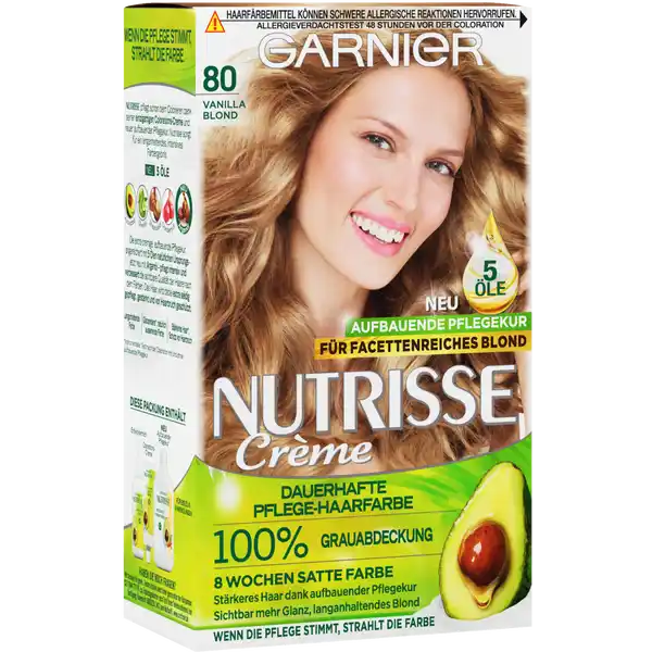 Garnier Nutrisse Creme 80 Vanilla Blond: Цвет: Produktbeschreibung und details Garnier Nutrisse Creme verleiht dem Haar seidig strahlenden Glanz Sogar graue Haare werden zu   abgedeckt Das Ergebnis ist eine Haarfarbe mit einem harmonischen Farbverlauf das  Wochen lang farbintensiv strahltBesonders angenehm ist die einfache Anwendung der Coloration Dank der CremeTextur tropft sie nicht und lsst sich gleichmig ins Haar einarbeiten Dabei versorgt sie das Haar intensiv mit Pflege denn die Formel ist mit  Fruchtlen angereichert Olive SheaNuss Avocado Argan und Cranberry nhren das Haar in der Tiefe Mit dem fruchtigen Duft wird das Colorieren zu einem sinnlichen Erlebnis UrsprungslandHerkunftsort Belgien Anwendung und Gebrauch Kleidung mit einem alten Handtuch abdecken Einweghandschuhe anziehen und die Farbe in der beiliegenden Flasche entsprechend der Gebrauchsanweisung mischenDie fertige Mischung nun direkt auf das trockene Haar entlang des Scheitels auftragen und mit Fingern vom Ansatz aus verteilenDie Farbe einwirken lassen und anschlieend mit warmem Wasser aussplenDie Pflegekur einmassieren und nach  Minuten wieder aussplen Gebrauch Aufbewahrung und Verwendung Aufbewahrungs und Verwendungsbedingungen Khl und trocken lagern Inhaltsstoffe Colorationscreme quotAQUA  WATER  CETEARYL ALCOHOL  PROPYLENE GLYCOL  DECETH  LAURETH  AMMONIUMHYDROXIDE  OLETH  LAURIC ACID  HEXADIMETHRINE CHLORIDE  GLYCOL DISTEARATE POLYQUATERNIUM  ETHANOLAMINE  SILICA DIMETHYL SILYLATE NANO  SILICA DIMETHYL SILYLATE CI   TITANIUM DIOXIDE  mAMINOPHENOL  ASCORBIC ACID  TOCOPHEROL  SODIUMMETABISULFITE  THIOGLYCERIN  TOLUENEDIAMINE  HELIANTHUS ANNUUS SEED OIL  SUNFLOWERSEED OIL  METHYLRESORCINOL  DIMETHICONE  CARBOMER  RESORCINOL  ROSMARINUSOFFICINALIS ROSEMARY EXTRACT  EDTA  VITIS VINIFERA SEED OIL  GRAPE SEED OIL  PARFUM FRAGRANCEquotEntwicklermilch oder creme quotAQUA  WATER  HYDROGEN PEROXIDE  CETEARYL ALCOHOL  TRIDECETH CARBOXAMIDE MEA CETEARETH  GLYCERIN  TETRASODIUM ETIDRONATE  TETRASODIUM PYROPHOSPHATE SODIUM SALICYLATE  PHOSPHORIC ACID  PARFUM  FRAGRANCEquotPflegekur quotAQUA  WATER  CETEARYL ALCOHOL  DIMETHICONE  GLYCERIN  BEHENTRIMONIUM CHLORIDE OLEA EUROPAEA FRUIT OIL  OLIVE FRUIT OIL  ARGANIA SPINOSA KERNEL OIL  VACCINIUMMACROCARPON CRANBERRY SEED OIL  HELIANTHUS ANNUUS SEED OIL  SUNFLOWER SEED OIL ROSMARINUS OFFICINALIS LEAF EXTRACT  ROSEMARY LEAF EXTRACT  PERSEA GRATISSIMA OIL AVOCADO OIL  BUTYROSPERMUM PARKII BUTTER  SHEA BUTTER  AMODIMETHICONE  ISOPROPYLALCOHOL  CAPRYLYL GLYCOL  CITRIC ACID  LACTIC ACID  TOCOPHEROL  SODIUM BENZOATE CETRIMONIUM CHLORIDE  LINALOOL  BENZYL ALCOHOL  PARFUM  FRAGRANCEquot Warnhinweise und wichtige Hinweise Warnhinweise ACHTUNG HAARFRBEMITTEL KNNEN SCHWERE ALLERGISCHE REAKTIONEN HERVORRUFEN Bitte folgende Hinweise lesen und beachten Dieses Produkt ist nicht fr Personen unter  Jahren bestimmt Temporre Ttowierungen mit quotschwarzem Hennaquot knnen das Allergierisiko erhhen Frben Sie Ihr Haar nicht wenn Sie einen Ausschlag im Gesicht haben oder wenn Ihre Kopfhaut empfindlich gereizt oder verletzt ist wenn Sie schon einmal nach dem Frben Ihres Haares eine Reaktion festgestellt haben wenn eine temporre Ttowierung mit quotschwarzem Hennaquot bei Ihnen schon einmal eine Reaktion verursacht hat ES IST ERFORDERLICH EINEN ALLERGIEVERDACHTSTEST UNBEDINGT  STUNDEN VOR JEDER ANWENDUNG DES PRODUKTES DURCHZUFHREN SIEHE GEBRAUCHSANWEISUNG DENKEN SIE DESHALB DARAN DAS PRODUKT RECHTZEITIG ZU KAUFEN UM  STUNDEN VOR DER ANWENDUNG DEN ALLERGIEVERDACHTSTEST DURCHZUFHREN Entwickler enthlt Wasserstoffperoxid Colorationsprodukt enthlt Phenylendiamine Toluylendiamine Resorcin Ammoniak Kontakt mit den Augen vermeiden Nicht zur Frbung von Wimpern und Augenbrauen verwenden Sofort Augen splen falls das Erzeugnis mit den Augen in Berhrung gekommen ist Geeignete Handschuhe tragen Diese liegen der Packung bei Nach der Anwendung die Haare gut splen Dieses Produkt frhestens  Tage nach einer Entkruselung Dauerwelle oder einer langanhaltenden Glttung anwenden Nicht anwenden wenn Ihre Haare mit Henna gefrbt oder mit einem Produkt behandelt wurden das schrittweise zur natrlichen Haarfarbe zurckfhrt Darf nicht in die Hnde von Kindern gelangen BEI DER ANWENDUNG BITTE GEBRAUCHSANWEISUNG BEFOLGEN
https://www.rossmann.de/de/pflege-und-duft-garnier-nutrisse-creme-80-vanilla-blond/p/4002441020193