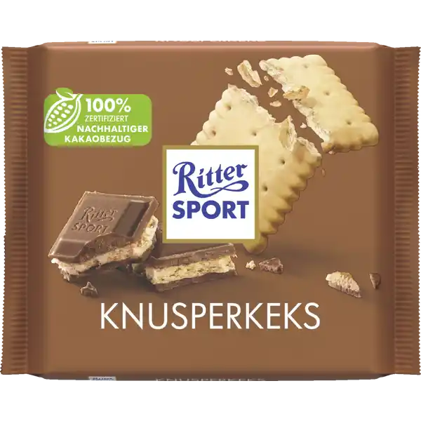 Ritter Sport Knusperkeks Tafelschokolade: Цвет: Produktbeschreibung und details DA BLEIBT KEIN KRMEL BRIG In unserer RITTER SPORT Knusperkeks steckt ein echtes Unikat  ein quadratischer Butterkeks Speziell fr diese Tafel wird er mit einer Extraportion Butter gebacken und anschlieend passgenau in seine Hlle aus Kakaocreme und knackiger Vollmilchschokolade eingelegt Fast zu schade ihn zu essen Wie gesagt fast qadratischer Butterkeks umhllt von Kakaocreme und knackiger Vollmilchschokolade  zertifiziert nachhaltiger Kakaobezug Lebensmittelunternehmer Name Alfred Ritter GmbH ampamp Co KG Adresse D Waldenbuch Deutschland wwwrittersportde UrsprungslandHerkunftsort Deutschland Rechtlich vorgeschriebene Produktbezeichnung Gefllte Vollmilchschokolade mit einer kakaohaltigen Creme   und einem Butterkeks   Zutaten Zucker Palmfett Kakaobutter Kakaomasse Voll MILCH pulver WEIZEN mehl Mager MILCH pulver LAKTOSE  BUTTER reinfett BUTTER   Emulgator Lecithine  SOJA  WEIZEN strke GlukoseFruktoseSirup Salz S MOLKE npulver zertifiziert nachhaltig Kann Spuren von ERDNSSEN SCHALENFRCHTEN und EI enthalten Rainforest Alliance Certified Nhrwerte Durchschnittliche Nhrwertangaben pro  g Energie  kj   kcal Fett  g davon  gesttigte Fettsuren  g Kohlenhydrate  g davon  Zucker  g Eiwei  g Salz  g Gebrauch Aufbewahrung und Verwendung Aufbewahrungs und Verwendungsbedingungen Vor Wrme und Feuchtigkeit schtzen
https://www.rossmann.de/de/lebensmittel-ritter-sport-knusperkeks-tafelschokolade/p/4000417621412