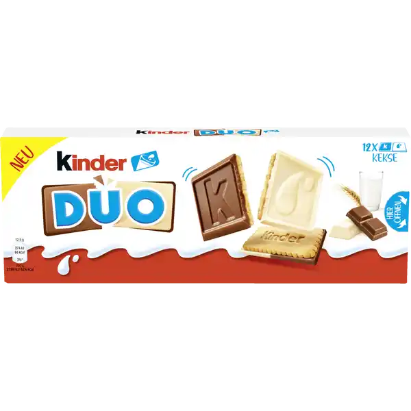 Ferrero Duo-Kekse: Цвет: Produktbeschreibung und details Ein leckerer Keks kombiniert mit einem Schokoladentfelchen aus Vollmilch und weier Schokolade in zwei Hlften teilen und mit der Lieblingsseite beginnen perfekt zum Teilen Lebensmittelunternehmer Name Ferrero Adresse DE Frankfurt am Main EU  Rechtlich vorgeschriebene Produktbezeichnung Kekse mit Vollmilchschokolade und Weier Schokolade Zutaten WEIZENMEHL   VOLLMILCHSCHOKOLADE   Zucker VOLLMILCHPULVER  Kakaobutter Kakaomasse Emulgator Lecithine  SOJA  Vanillin Weie Schokolade   Kakaobutter Zucker MAGERMILCHPULVER BUTTERREINFETT  Emulgator Lecithine  SOJA  Vanillin Zucker Palml SAHNEPULVER EIPULVER  Backtriebmittel Ammoniumhydrogencarbonat Natriumhydrogencarbonat Salz VanillinGesamtmilchbestandteile im Produkt   Kann MANDELN HASELNSSE WALNSSE KASCHUNSSE PECANNSSE PARANSSE PISTAZIEN und MACADAMIANSSE und SENF enthalten Nhrwerte Durchschnittliche Nhrwertangaben pro  Portion pro  g GDA  g Energie  kj   kcal    kj   kcal Fett  g    g davon  gesttigte Fettsuren  g    g Kohlenhydrate  g    g davon  Zucker  g    g Eiwei  g    g Salz  g    g Gebrauch Aufbewahrung und Verwendung Aufbewahrungs und Verwendungsbedingungen Khl und trocken aufbewahren
https://www.rossmann.de/de/lebensmittel-ferrero-duo-kekse/p/8000500385807