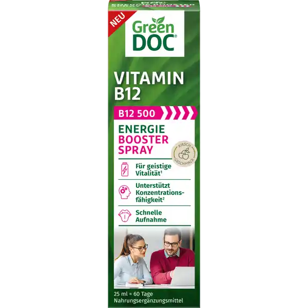 GreenDoc Vitamin B12 Energy Booster Spray: Цвет: https://www.rossmann.de/de/gesundheit-greendoc-vitamin-b12-energy-booster-spray/p/4036581537754
Produktbeschreibung und details VITAMIN B ENERGIE BOOSTER SPRAY Berufliche und private Belastungen knnen krperliche und mentale Erschpfung sowie einen erhhten Nhrstoffbedarf zur Folge haben Das uert sich hufig in Mdigkeit und Abgeschlagenheit GreenDoc Energie Booster Spray mit hochdosiertem Vitamin B  g untersttzt im Alltag und trgt dazu bei Mdigkeit und Erschpfung zu verringern Vitamin B ist eines der Vitamine die der Mensch nicht selbst bilden kann Durch die einfache Dosierung mit dem Sprhkopf ist die tgliche Einnahme besonders unkompliziert  einfach auf die Mundschleimhaut aufsprhen  ideal auch fr unterwegs GreenDoc ist spezialisiert auf mentale Gesundheit und Leistungsfhigkeit und ein Experte in diesem Bereich Bei der Entwicklung unserer Produkte achten wir auf eine gute Vertrglichkeit und vegane Inhaltsstoffe fr die geistige Vitalitt untersttzt die Konzentrationsfhigkeit schnelle Aufnahme Kirschgeschmack vegan gluten und lactosefrei alkohol und zuckerfrei Vitamin B trgt zur Verringerung von Mdigkeit und Ermdung bei Vitamin B trgt zur normalen psychischen Funktion bei Lebensmittelunternehmer Name Districon GmbH Adresse BessieColemanStrae  D Frankfurt wwwgreendocde UrsprungslandHerkunftsort Deutschland Rechtlich vorgeschriebene Produktbezeichnung Nahrungsergnzungsmittel mit Vitamin B Mit Sungsmittel Zutaten Wasser Sungsmittel Xylit Verdickungsmittel Xanthan natrliches Aroma Suerungsmittel Citronensure Konservierungsmittel Kaliumsorbat Methylcobalamin Vitamin B Nhrwerte Durchschnittliche Nhrwertangaben pro  Portion  Portion   Sprhste Tagesdosis Referenzwert Nhrstoffbezugswerte Referenzmenge fr die tgliche Zufuhr gem Lebensmittelinformationsverordnung NRV Vitamin B  g   Anwendung und Gebrauch  Sprhste direkt in den Mund geben Die empfohlene tgliche Verzehrmenge darf nicht berschritten werden Vor jedem Gebrauch gut schtteln Nach jedem Gebrauch den Sprhkopf mit Wasser reinigen Vor dem ersten Gebrauch mal pumpen damit die Flssigkeit in den Sprhkopf gelangt Direkt in den Mund sprhen Gebrauch Aufbewahrung und Verwendung Aufbewahrungs und Verwendungsbedingungen Nach Anbruch innerhalb von  Monaten aufbrauchen Khl und vor Licht geschtzt aufbewahren Auerhalb der Reichweite von kleinen Kindern aufbewahren Warnhinweise und wichtige Hinweise Warnhinweise Aufgrund des enthaltenen Xylits kann das Produkt bei bermigem Verzehr abfhrend wirken Nahrungsergnzungsmittel sollten nicht als Ersatz fr eine abwechslungsreiche und ausgewogene Ernhrung sowie eine gesunde Lebensweise dienen