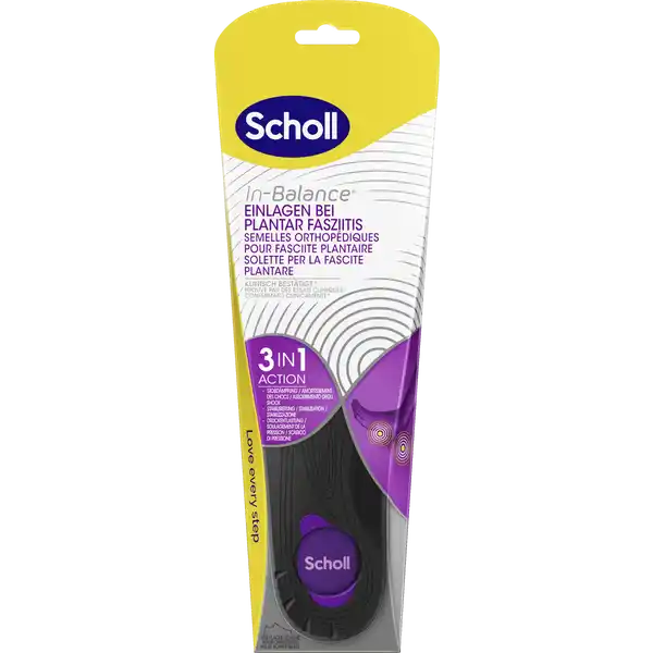 Scholl In-Balance Einlagen bei Plantar Fasziitis Gr. M (40-42): Цвет: https://www.rossmann.de/de/gesundheit-scholl-in-balance-einlagen-bei-plantar-fasziitis-gr-m-40-42/p/5056585800158
Produktbeschreibung und details Die Scholl InBalance PlantarfasziitisEinlegesohle wurde von einem Expertenteam entwickelt um Schmerzen im Zusammenhang mit Plantarfasziitis zu lindern in Action Stodmpfung Stabilisierung Druckentlastung fr flache Schuhe verstrkte Fugewlbe und Fersensttze zur Linderung von Schmerzen im Zusammenhang mit Plantar Fasziitis passt sich Ihren Fen an um Ihr Gewicht gleichmiger zu verteilen und bietet maximale Druckentlastung klinisch nachgewiesene Schmerzlinderung Kontaktdaten Scholls Wellness Company GmbH Schwalbacher Str  D Wiesbaden wwwschollfusspflegede Anwendung und Gebrauch Stellen Sie vor dem Gebrauch sicher dass das Produkt gut in die Schuhe passt Entfernen Sie ggf vorhandene Einlagen Die Ferse der InBalance PlantarfasziitisEinlegesohlen muss gegen die Rckseite der Schuhe gelegt werden Schneiden Sie das Ende fr eine optimale Verwendung gem den mit dem Produkt gelieferten Empfehlungen auf die gewnschte Gre zu Bei manchen Menschen kann die Schmerzlinderung einige Zeit dauern Die Fe mssen sich den strukturellen Eigenschaften der Sohlen anpassen daher kann eine Eingewhnungszeit erforderlich sein Verwenden Sie bei Bedarf InBalance PlantarfasziitisEinlegesohlen jeden Tag und immer hufiger bis Sie sie den ganzen Tag tragen knnen Ersetzen Sie die Sohle wenn sie Anzeichen von Abnutzung oder Verschlei aufweist Warnhinweise und wichtige Hinweise Warnhinweise Beenden Sie die Anwendung wenn Beschwerden oder Reizungen auftreten Wenn die Schmerzen Beschwerden oder Reizungen anhalten wenden Sie sich an Ihren Apotheker Arzt oder Podologen Das Hinzufgen oder Ersetzen von Komponenten an zugelassenen Schuhen kann die Leistung beeintrchtigen Bitte fragen Sie Ihren Arzt Apotheker oder Podologen um Rat bevor Sie dieses Produkt verwenden Scholl und Diabetes Wenn Sie Diabetiker sind oder eine schlechte Durchblutung haben knnten Sie an Fukomplikationen leiden Bitte konsultieren Sie einen Arzt oder Podologen bevor Sie dieses Produkt verwenden Konformittserklrung Konformittserklrung Laden Sie das Dokument zum Produkt als PDF herunter