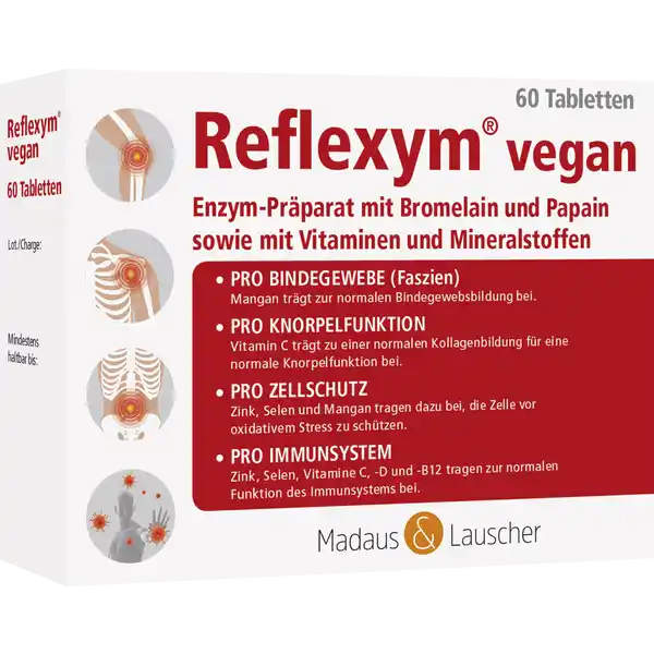 Madaus & Lauscher Reflexym vegan: Цвет: https://www.rossmann.de/de/gesundheit-madaus-und-lauscher-reflexym-vegan/p/4270002260856
Produktbeschreibung und details EnzymPrparat mit Bromelain und Papain sowie mit Vitaminen und Mineralstoffen Reflexym vegan Tabletten sind ein hochwertiges Nahrungsergnzungsmittel das neben einem pflanzlichen EnzymGemisch solche Stoffe enthlt die untersttzende Wirkungen auf das Bindegewebe Mangan den Knorpel Vitamin C das Immunsystem z B Selen und den Zellschutz z B Zink haben Reflexym vegan Tabletten mit magensaftresistenem berzug sind lactose zucker und glutenfrei pro Bindegewebe Faszien Mangan trgt zur normalen Bindegewebsbildung bei pro Knorpelfunktion Vitamin C trgt zu einer normalen Kollagenbildung fr eine normale Knorpelfunktion bei pro Zellschutz Zink Selen und Mangan tragen dazu bei die Zellen vor oxidativem Stress zu schtzen pro Immunsystem Zink Selen Vitamine C D und B tragen zur normalen Funktion des Immunsystems bei Kontaktdaten Madaus ampamp Lauscher GmbH Goetheallee    Bonn wwwmadauslauscherde Zutaten Fllstoff Mikrokristalline Cellulose Papain Bromelain Rutin Ascorbinsure Verdickungsmittel Hydroxypropylmethylcellulose Trennmittel Magnesiumsalze der Speisefettsuren Siliciumdioxid Zinkgluconat Selenhefe Trgerstoff Polyvinylpyrrolidon berzugsmittel Glycerin neutrales Methacrylat Polyethylenglycol Talkum Polysorbat  Triethylcitrat ManganBisglycinat Cholecalciferol Vitamin D vegan Cyanocobalamin Nhrwerte Durchschnittliche Nhrwertangaben pro  Portion GDA Portion pro Tag x Tagesdosis Referenzwert Referenzmenge fr einen durchschnittlichen Erwachsenen   kJ   kcal Energie  kj   kcal   NRV Zink  mg   Mangan  mg   Selen  g   Vitamin D  g   Vitamin C  mg   Vitamin B  g   Anwendung und Gebrauch Die empfohlene Verzehrmenge betrgt zweimal tglich  Tabletten x bei Bedarf kann sie auf zweimal  Tabletten erhht werden Die Tabletteneinnahme soll mit einer ausreichenden Menge Flssigkeit erfolgen Bitte beachten Sie dass Sie einen ausreichenden zeitlichen Abstand zu den Mahlzeiten einhalten  bis  Stunde vorher oder  bis  Stunden nachher Gebrauch Aufbewahrung und Verwendung Aufbewahrungs und Verwendungsbedingungen Das Produkt soll nicht ber  C soll trocken sowie auerhalb der Reichweite von Kindern gelagert werden Warnhinweise und wichtige Hinweise Warnhinweise Die angegebene empfohlene maximale Verzehrsmenge darf nicht berschritten werden Reflexym vegan Tabletten sollen nicht als Ersatz fr eine ausgewogene und abwechslungsreiche Ernhrung sowie eine gesunde Lebensweise verwendet werden Whrend der Schwangerschaft und Stillzeit sollten Reflexym vegan Tabletten nicht verzehrt werden Das Produkt sollte nicht verwendet werden wenn Medikamente zur Blutverdnnung z B Marcumar Wirkstoff Phenprocoumon eingenommen werden Falls Unvertrglichkeiten gegen Papaya oder Ananas bestehen sollte das Produkt nicht eingenommen werden