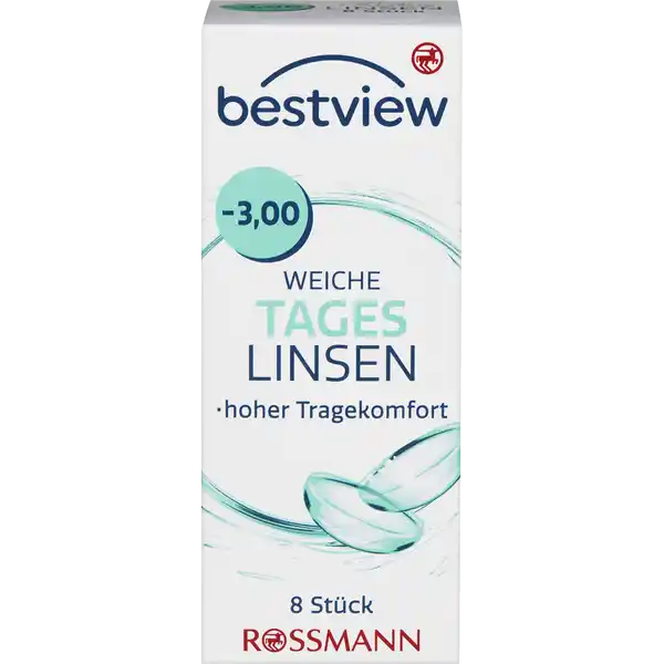 BestView weiche Tageslinsen -3,00: Цвет: https://www.rossmann.de/de/gesundheit-bestview-weiche-tageslinsen--300/p/4719879669596
Produktbeschreibung und details Durch das besonders weiche sauerstoffdurchlssige Material der Tageslinsen wird kaum Eingewhnungszeit bentigt Die Kanten wurden speziell fr hohen Tragekomfort entwickelt Dadurch bleibt die Sehschrfe auch an den Rndern der Linse optimal Tageslinsen sind die gesndeste KontaktlinsenVariante fr die Augen Die Linsen werden tglich ausgetauscht und mssen nicht gereinigt werden Tageslinsen sind ebenfalls ideal wenn man nur ab und zu Kontaktlinsen trgt etwas beim Sport im Urlaub oder am Wochenende hoher Tragekomfort  Stck Kontaktdaten Dirk Rossmann GmbH Isernhgener Strae   Burgwedel wwwrossmannde Gebrauch Aufbewahrung und Verwendung Aufbewahrungs und Verwendungsbedingungen Empfohlen wird die Lagerung bei Raumtemperatur Inhaltsstoffe  sterile weiche getnte Kontaktlinsen  Methafilcon  HO in gepufferter Kochsalzlsung Warnhinweise und wichtige Hinweise Warnhinweise Nicht verwenden bei beschdigter Linsenverpackung Gehen Sie mit Ihren Linsen bitte regelmig zu einer augenrztlichen Kontrolle Folgen Sie den Anweisungen Ihres Kontaktlinsenanpassers Schlafen Sie nicht mit eingesetzter Linse Das Tragen von Kontaktlinsen kann eine Sonnenbrille nicht ersetzen Ihre Augen sind kostbar Bitte beachten Sie die beiligenden Gebrauchsinformationen