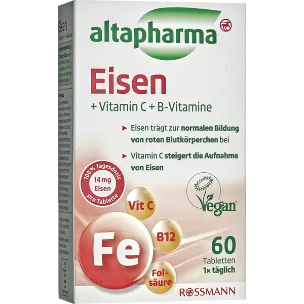 altapharma Eisen: Цвет: https://www.rossmann.de/de/gesundheit-altapharma-eisen/p/4305615619613
Produktbeschreibung und details altapharma Eisen  Vitamin C  BVitamine Sportler Schwangere stillende Mtter und Senioren knnen einen erhhten Eisenbedarf haben Vegetarier und Personen mit einer unausgewogenen Lebensmittelauswahl nehmen mitunter nicht gengend Eisen mit der Nahrung zu sich Altapharma Eisentabletten enthalten neben Eisen auch Vitamin C und Vitamine des BKomplexes die im Eisen und Blutstoffwechsel von Bedeutung sind Eisen ist an der normalen Bildung des roten Blutfarbstoffs beteiligt und bewirkt so den normalen Sauerstofftransport im Blut So kann Eisen auch zur Verringerung von Mdigkeit und Ermdung beitragen Weiterhin hat es eine Funktion bei der Zellteilung Vitamin C steigert die Eisenaufnahme Die Vitamine B B und Folsure tragen zur normalen Bildung roter Blutkrperchen bei Vitamin B untersttzt zudem den normalen EisenStoffwechsel und trgt zusammen mit Eisen den Vitaminen B B und C zu einer Verringerung von Mdigkeit und Ermdung bei und untersttzt so die Leistungsfhigkeit Eisen trgt zur normalen Bildung von roten Blutkrperchen bei Vitamin C steigert die Aufnahme von Eisen  Tagesdosis  mg Eisen pro Tablette Lebensmittelunternehmer Name Dirk Rossmann GmbH Adresse Isernhgener Strae   Burgwedel wwwrossmannde UrsprungslandHerkunftsort Deutschland Testurteile Qualittssiegel ampamp Verbandszeichen Rechtlich vorgeschriebene Produktbezeichnung altapharma Eisen Zutaten Ascorbinsure Vitamin C Fllstoffe Cellulose vernetzte Carboxymethylcellulose Eisengluconat Pyridoxinhydrochlorid Trennmittel Magnesiumsalze der Speisefettsuren Talkum berzugsmittel Hydroxypropylmethylcellulose Emulgator Polysorbat  Farbstoffe Eisenoxide und Eisenhydroxide Zucker Riboflavin Pteroylmonoglutaminsure Cyanocobalamin Laktosefrei glutenfrei Fr Veganer geeignet Nhrwerte Durchschnittliche Nhrwertangaben pro  Portion pro  g pro Tablette Energie  kj   kcal  kj   kcal Fett amplt  g  g davon  gesttigte Fettsuren amplt  g  g Kohlenhydrate amplt  g  g davon  Zucker amplt  g  g Ballaststoffe  g  g Eiwei amplt  g amplt  g Salz amplt  g  g NRV Eisen  mg   Vitamin C  mg   Vitamin B Riboflavin  mg   Vitamin B  mg   Folsure  g   Vitamin B  g   Anwendung und Gebrauch  Tablette tglich unzerkaut mit ausreichend Flssigkeit zB ein Glas Wasser auerhalb einer Mahlzeit verzehren Gebrauch Aufbewahrung und Verwendung Aufbewahrungs und Verwendungsbedingungen Trocken vor Wrme und Licht geschtzt aufbewahren Warnhinweise und wichtige Hinweise Warnhinweise Bitte auerhalb der Reichweite von kleinen Kindern aufbewahren Die empfohlene Verzehrsmenge darf nicht berschritten werden Nahrungsergnzungsmittel sind kein Ersatz fr eine ausgewogene und abwechslungsreiche Ernhrung sowie eine gesunde Lebensweise Schwangere sollten vor dem Verzehr ihren Arzt befragen Nicht fr Kinder und Jugendliche unter  Jahren geeignet