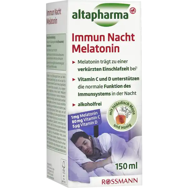 altapharma Immun Nacht Melatonin: Цвет: Produktbeschreibung und details Gerade in der Erkltungszeit kann das Wohlbefinden beeintrchtigt sein und uns das Einschlafen erschweren Dabei ist eine ruhige Nacht fr unseren Krper essenziell um zu regenerieren Altapharma Immun Nacht Melatonin enthlt das krpereigene Hormon Melatonin welches dazu beitrgt abends mde zu werden Es kann jedoch vorkommen dass die natrliche Ausschttung von Melatonin vermindert ist was zu Einschlafproblemen fhren kann und auf Dauer Erschpfung und Leistungsabfall mit sich bringt Melatonin trgt dazu bei die Einschlafzeit zu verkrzen Zustzlich untersttzen die Vitamine C und D das Immunsystem whrend der Regenerationszeit in Nacht Die Rezeptur des Liquids ist mit wertvollem Honig sowie Islndisch Moos versehen Altapharma Immun Nacht Melatonin untersttzt mit seinen erlesenen Inhaltsstoffen eine erholsame Nacht das Immunsystem und nicht zuletzt das Wohlbefinden fr Vegetarier geeignet Melatonin trgt zu einer verkrzten Einschlafzeit bei Vitamin C und D untersttzen die normale Funktion des Immunsystems in der Nacht alkoholfrei gluten und lactosefrei mit islndischem Moos und Honig Melatonin trgt dazu bei die Einschlafzeit zu verkrzen Die positive Wirkung stellt sich bei einer Einnahme von  mg Melatonin kurz vor dem Schlafengehen ein Lebensmittelunternehmer Name Dirk Rossmann GmbH Adresse Isernhgener Str   Burgwedel UrsprungslandHerkunftsort Melatonin aus NichtEU Testurteile Qualittssiegel ampamp Verbandszeichen Rechtlich vorgeschriebene Produktbezeichnung Nahrungsergnzungsmittel mit Melatonin Vitamin C und Vitamin D Mit Sungsmittel Zutaten Sungsmittel Maltitsirup Wasser Honig   Islndisch Moos Extrakt   LAscorbinsure Vitamin C natrliches Aroma natrliches ThymianAroma Suerungsmittel Citronensure Konservierungsstoff Kaliumsorbat Emulgator Mono und Diglyceride von Speisefettsuren Melatonin Cholecalciferol Vitamin D Nhrwerte Durchschnittliche Nhrwertangaben pro  Portion pro  ml  ml Tagesdosis Referenzwert gem Lebensmittelinformationsverordnung Energie  kj   kcal  kj   kcal Fett amplt  g amplt  g davon  gesttigte Fettsuren amplt  g amplt  g Kohlenhydrate  g  g davon  Zucker  g  g Eiwei amplt  g amplt  g Salz amplt  g amplt  g NRV Vitamin D  g   Vitamin C  mg   Anwendung und Gebrauch Vor dem Schlafengehen  ml Messbecher einnehmen Vor Gebrauch gut schtteln Nach Anbruch im Khlschrank aufbewahren und innerhalb von  Wochen aufbrauchen Die empfohlene tgliche Verzehrmenge darf nicht berschritten werden Gebrauch Aufbewahrung und Verwendung Aufbewahrungs und Verwendungsbedingungen Auerhalb der Reichweite von kleinen Kindern aufbewahren Unter  trocken und vor LIcht geschtzt aufbewahren Warnhinweise und wichtige Hinweise Warnhinweise Nahrungsergnzungsmittel sollten nicht als Ersatz fr eine abwechslungsreiche und ausgewogene Ernhrung sowie eine gesunde Lebensweise dienen Auerhalb der Reichweite von kleinen Kindern aufbewahrenDie empfohlene tgliche Verzehrmenge darf nicht berschritten werden Eine Anwendung bei Schwangeren Stillenden und Kindern und eine Einnahme ber einen lngeren Zeitraum wird nicht empfohlen Bitte wenden Sie sich bei Fragen an Ihren Arzt
https://www.rossmann.de/de/gesundheit-altapharma-immun-nacht-melatonin/p/4305615940304