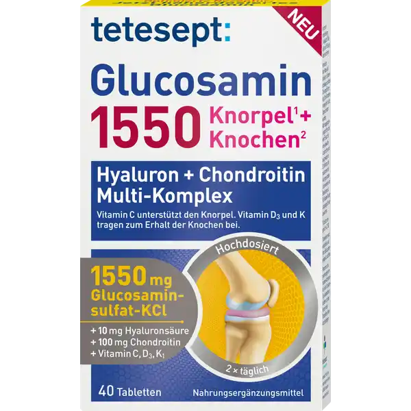 tetesept Glucosamin  fr Knorpel  Knochen: Цвет: Produktbeschreibung und details Unsere Knochen und Knorpel werden tglich beansprucht  zB im aktiven Alltag oder durch intensiven Sport Das gilt auch fr Gelenkknochen und Gelenkknorpel Um lange beweglich und mobil zu bleiben sind gesunde Knochen und eine gesunde Knorpelfunktion von Bedeutung insbesondere in den Gelenken tetesept Glucosamin  enthlt  mg GlucosaminsulfatKCl ergnzt um Hyaluronsure und Chondroitin sowie hochdosiertes Vitamin D Die MultiKomplex Formel enthlt zudem weitere wichtige Mikronhrstoffe fr die Erhaltung von Knorpel Knochen und Bindegewebe tetesept Glucosamin   Mit GlucosaminsulfatKCl Hyaluronsure Chondroitin Kupfer Zink sowie Vitamin D C K Vitamin C trgt zu einer normalen Kollagenbildung fr eine normale Knorpel und Knochenfunktion bei Vitamin D und K tragen zur Erhaltung normaler Knochen bei Kupfer trgt zur Erhaltung von normalem Bindegewebe bei Vitamin C Kupfer und Zink tragen dazu bei die Zellen vor oxidativem Stress zu schtzen Lebensmittelunternehmer Name tetesept pharma gmbh Adresse D Frankfurt wwwteteseptde Rechtlich vorgeschriebene Produktbezeichnung Nahrungsergnzungsmittel mit GlucosaminsulfatKCl Hyaluronsure Chondroitinsulfat Vitamin D Vitamin C Zink Kupfer und Vitamin K Zutaten Glucosaminsulfat Kaliumchlorid  KREBSTIERE WEICHTIERE   Fllstoff Mikrokristalline Cellulose Natrium Chondroitinsulfat Rind  LAscorbinsure Vitamin C Stabilisator Polyvinylpyrrolidon berzugsmittel Hydroxypropylmethylcellulose Farbstoff Calciumcarbonat Trennmittel Magnesiumsalze der Speisefettsuren NaHyaluronat  Trennmittel Speisefettsure berzugsmittel Hydroxypropylcellulose Zinkoxid Kupfersulfat Phyllochinon Vitamin K Cholecalciferol Vitamin D Nhrwerte Durchschnittliche Nhrwertangaben pro  Portion  Tabletten NRV Zink  mg   Kupfer  mg   Vitamin D  g   Vitamin K  g   Vitamin C  mg   Anwendung und Gebrauch Verzehrempfehlung  x tglich  Tablette mit Flssigkeit verzehren Die empfohlene tgliche Verzehrsmenge darf nicht berschritten werden Diabetikern wird empfohlen auf Ihren Blutzuckerspiegel zu achten  Tabeltte entspreicht amplt BE Personen die gerinnungshemmende Arzneimittel vom CumarinTyp einnehmen sollten vor dem Verzehr des Produktes ihren Arzt befragen Gebrauch Aufbewahrung und Verwendung Aufbewahrungs und Verwendungsbedingungen Vor Hitze und direkter Lichteinstrahlung schtzen Fr kleine Kinder unzugnglich aufbewahren Warnhinweise und wichtige Hinweise Warnhinweise Nahrungsergnzungsmittel sind kein Ersatz fr eine abwechslungsreiche und ausgewogene Ernhrung die zusammen mit einer gesunden Lebensweise von Bedeutung ist
https://www.rossmann.de/de/gesundheit-tetesept-glucosamin-1550-fuer-knorpel--knochen/p/4008491133043