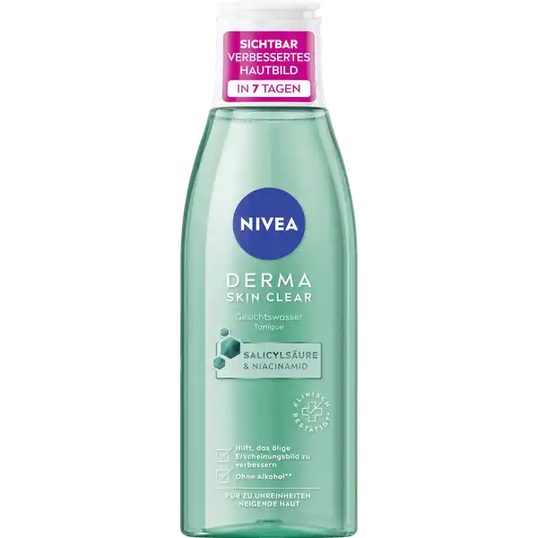 NIVEA Derma Skin Clear Gesichtswasser: Цвет: Produktbeschreibung und details hilft das lige Erscheinungsbild zu verbessern ohne Alkohol salicylsure ampampNiacimid vegane Formel fr zu unreinheiten neigende Haut  ohne Ethylalkohol Kontaktdaten Beiersdorf AG Unnastrae   Hamburg wwwniveacom Anwendung und Gebrauch Morgens und abends anwenden Mit den Hnden oder einem Wattepad sanft auf das Gesicht auftragen Augenpartie aussparen Nicht absplen Inhaltsstoffe Aqua Methylpropanediol PEG Glycerin PEG Hydrogenated Castor Oil Sodium Hyaluronate Niacinamide Salicylic Acid Maris Sal Carnitine Sodium Hydroxide Phenoxyethanol Hexanediol Caprylyl Glycol Parfum Warnhinweise und wichtige Hinweise Warnhinweise Augenpartie aussparen
https://www.rossmann.de/de/pflege-und-duft-nivea-derma-skin-clear-gesichtswasser/p/4005900975317